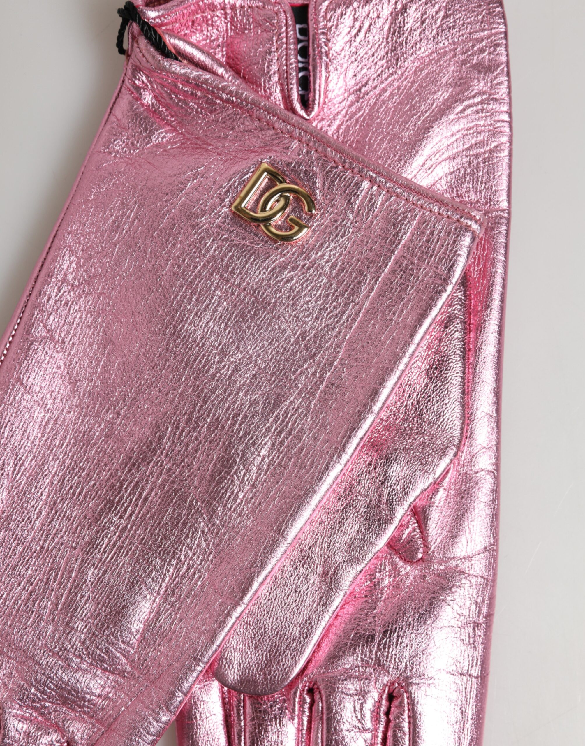 Dolce & Gabbana Pink Leather DG Logo Wrist Length Mitten Gloves - Image 5