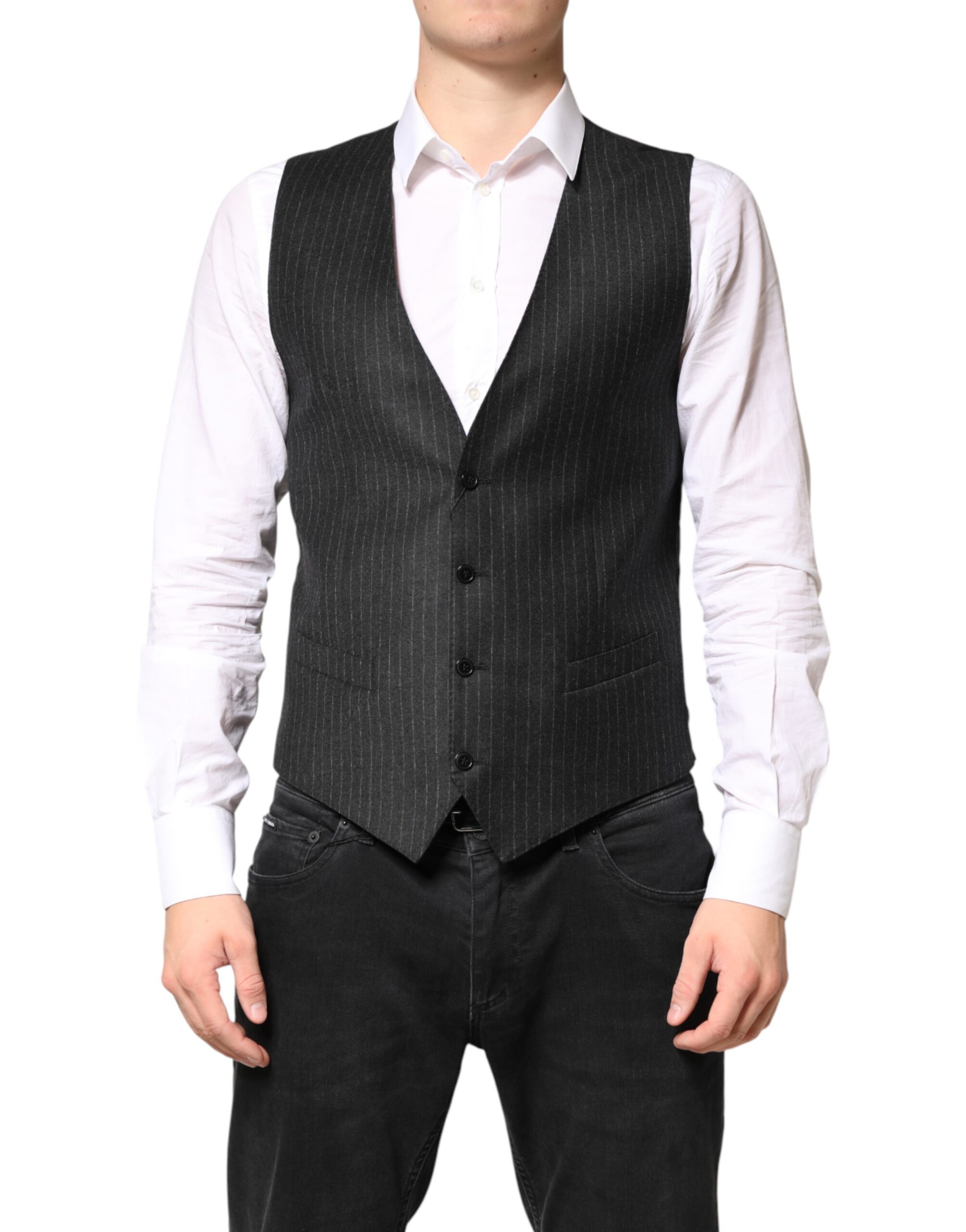 Dolce & Gabbana Black Stripes Wool Dress Men Waistcoat Vest - Image 2
