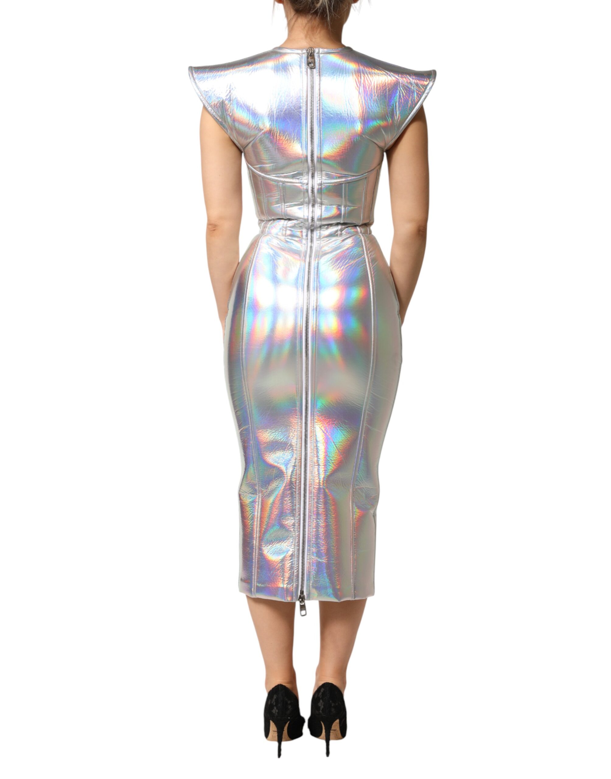 Dolce & Gabbana Silver Iridescent Bodycon Sheath Midi Dress - Image 4