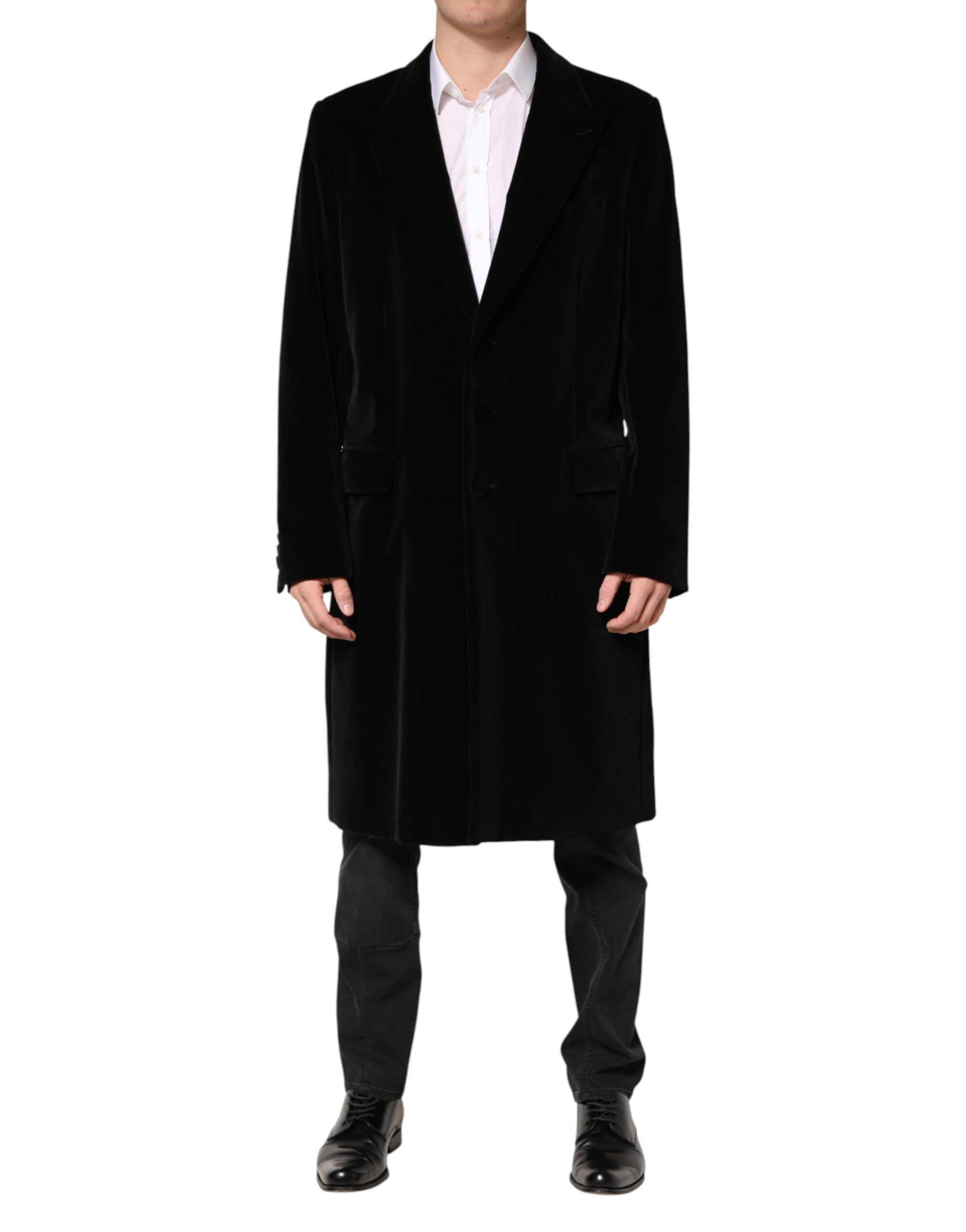 Dolce & Gabbana Black Cotton Velvet Long Trench Coat Jacket - Image 2