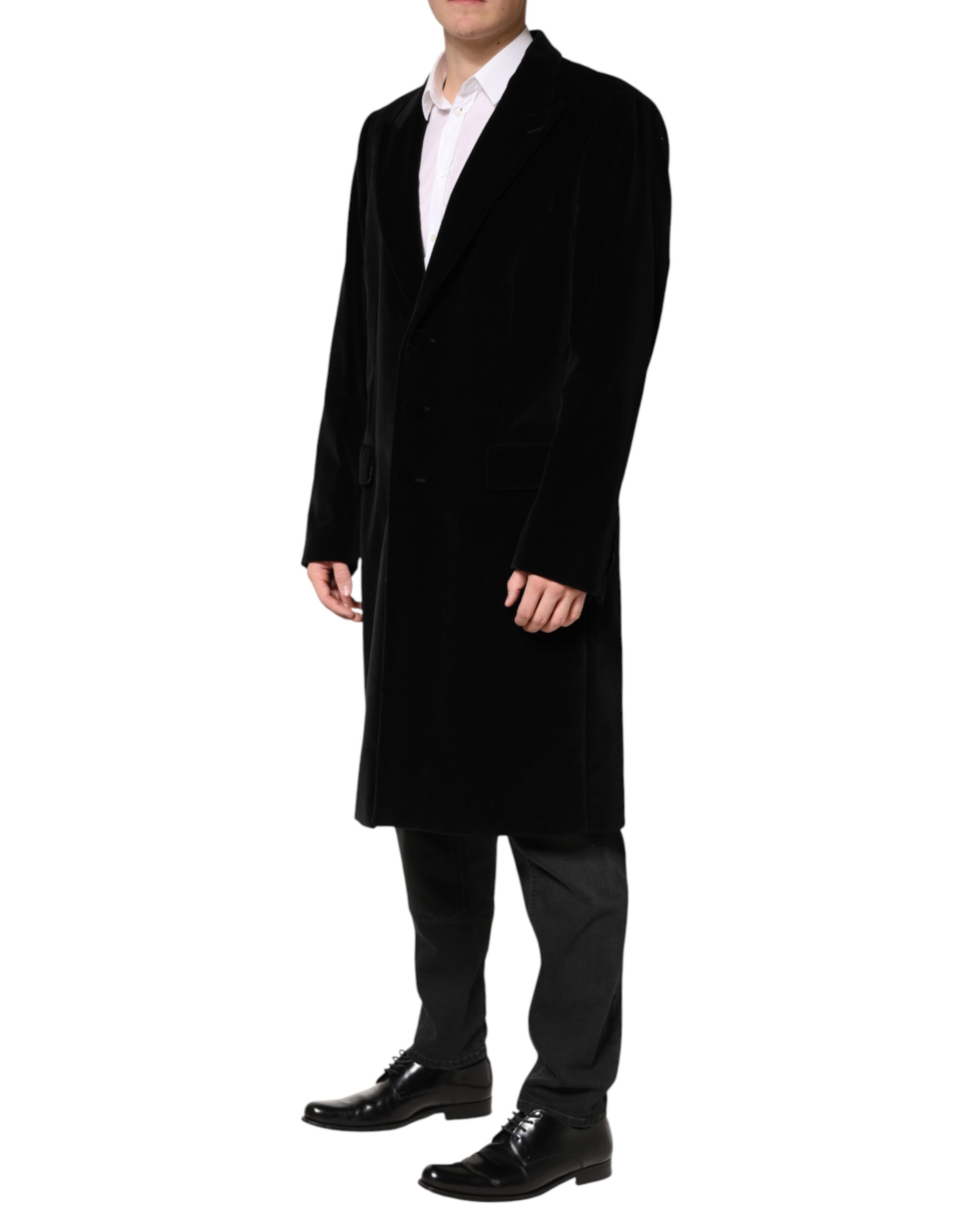 Dolce & Gabbana Black Cotton Velvet Long Trench Coat Jacket - Image 3