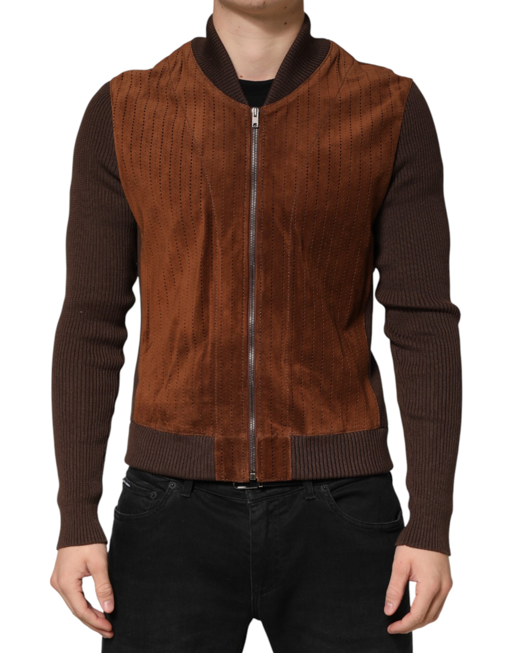 Dolce & Gabbana Brown Velvet Calfskin Full Zip Biker Jacket - Image 2