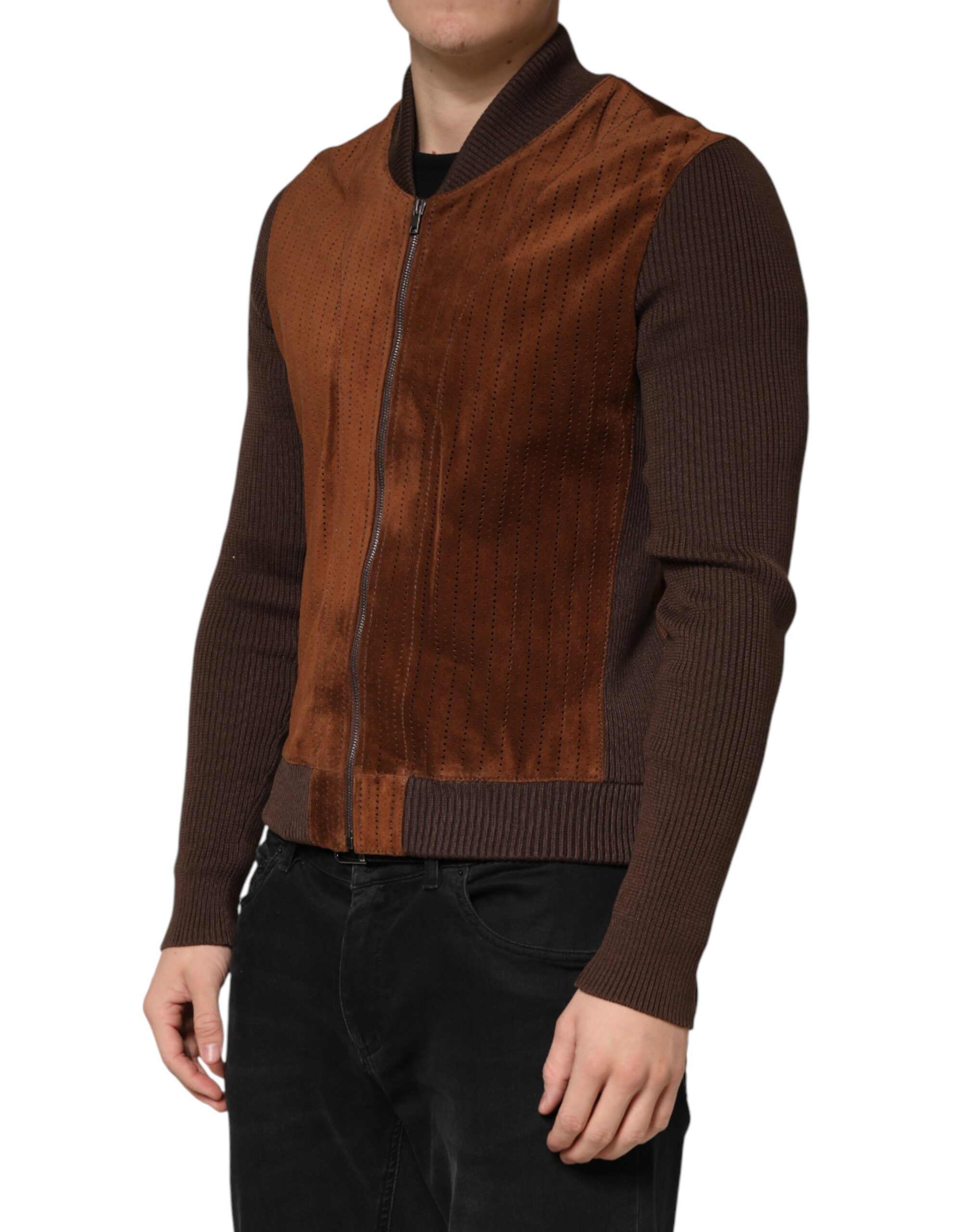 Dolce & Gabbana Brown Velvet Calfskin Full Zip Biker Jacket - Image 3