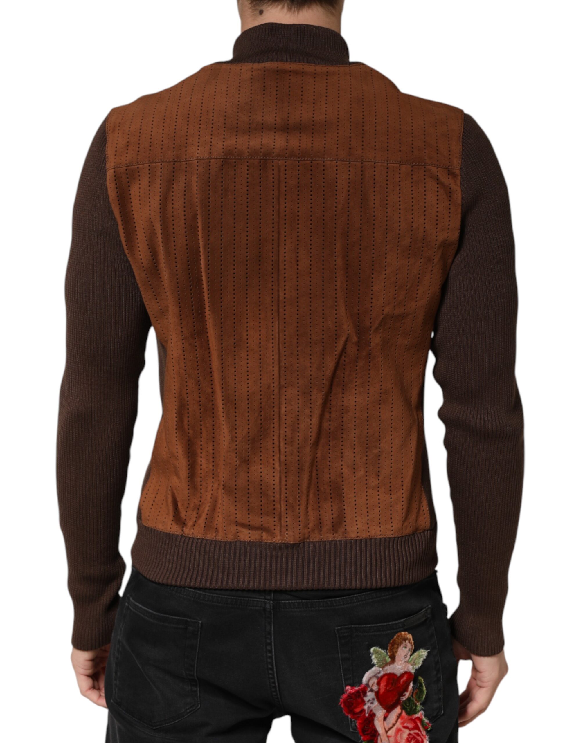 Dolce & Gabbana Brown Velvet Calfskin Full Zip Biker Jacket - Image 4