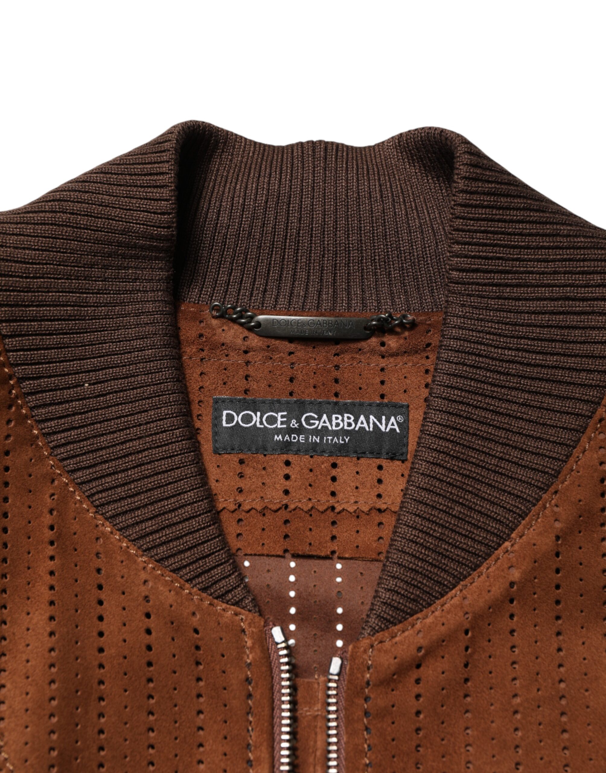 Dolce & Gabbana Brown Velvet Calfskin Full Zip Biker Jacket - Image 6