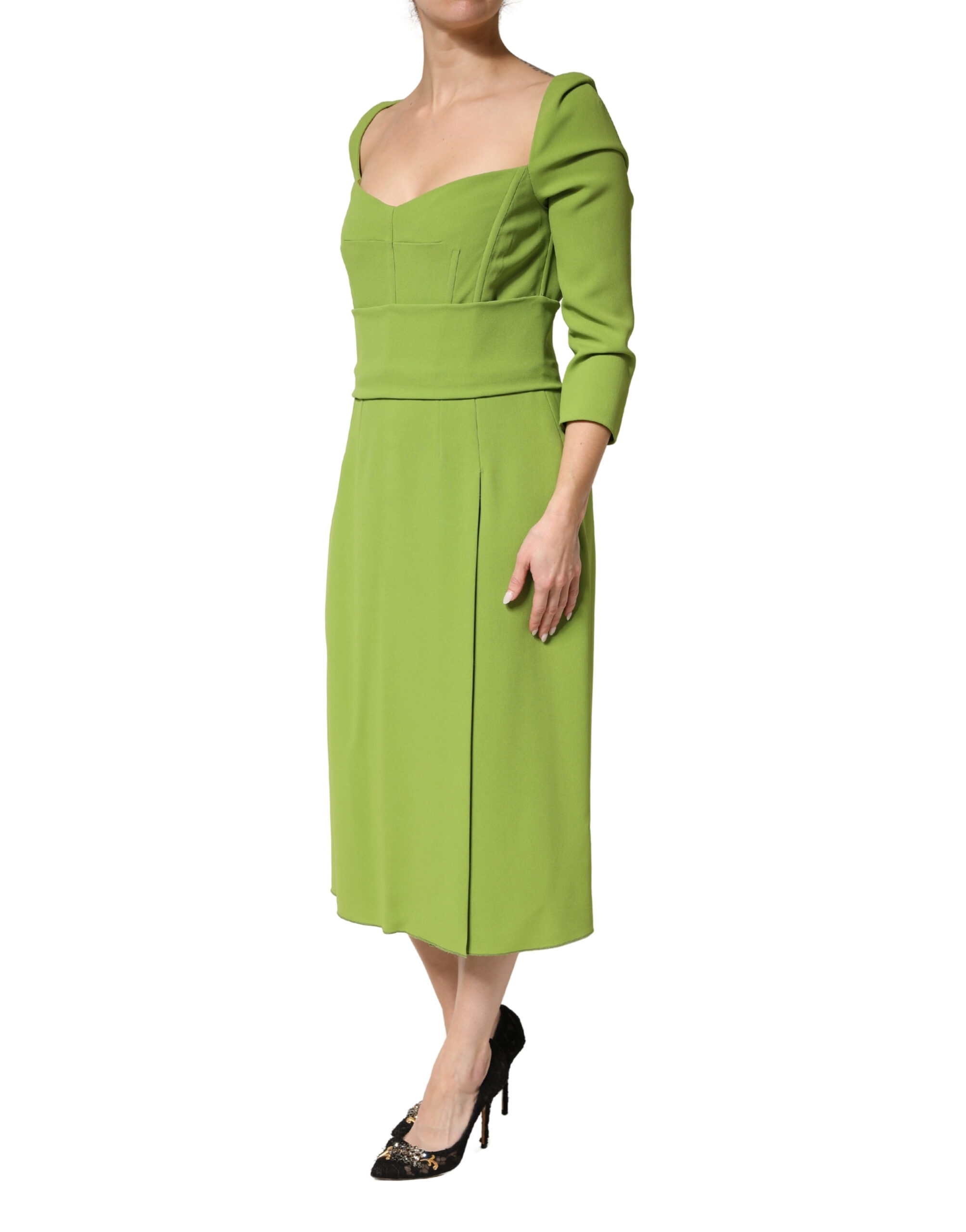 Dolce & Gabbana Green Silk Sweetheart Neckline Midi Dress - Image 3