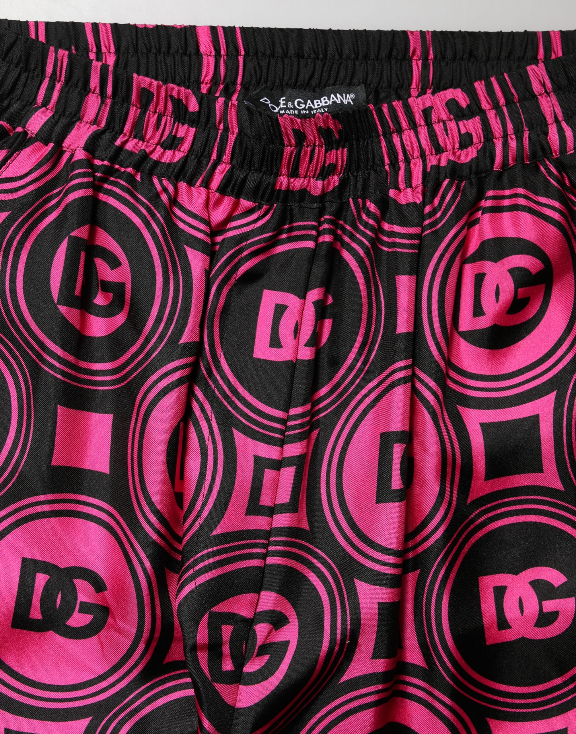 Dolce & Gabbana Black Fuchsia Silk Logo Elastic Waist Shorts - Image 6