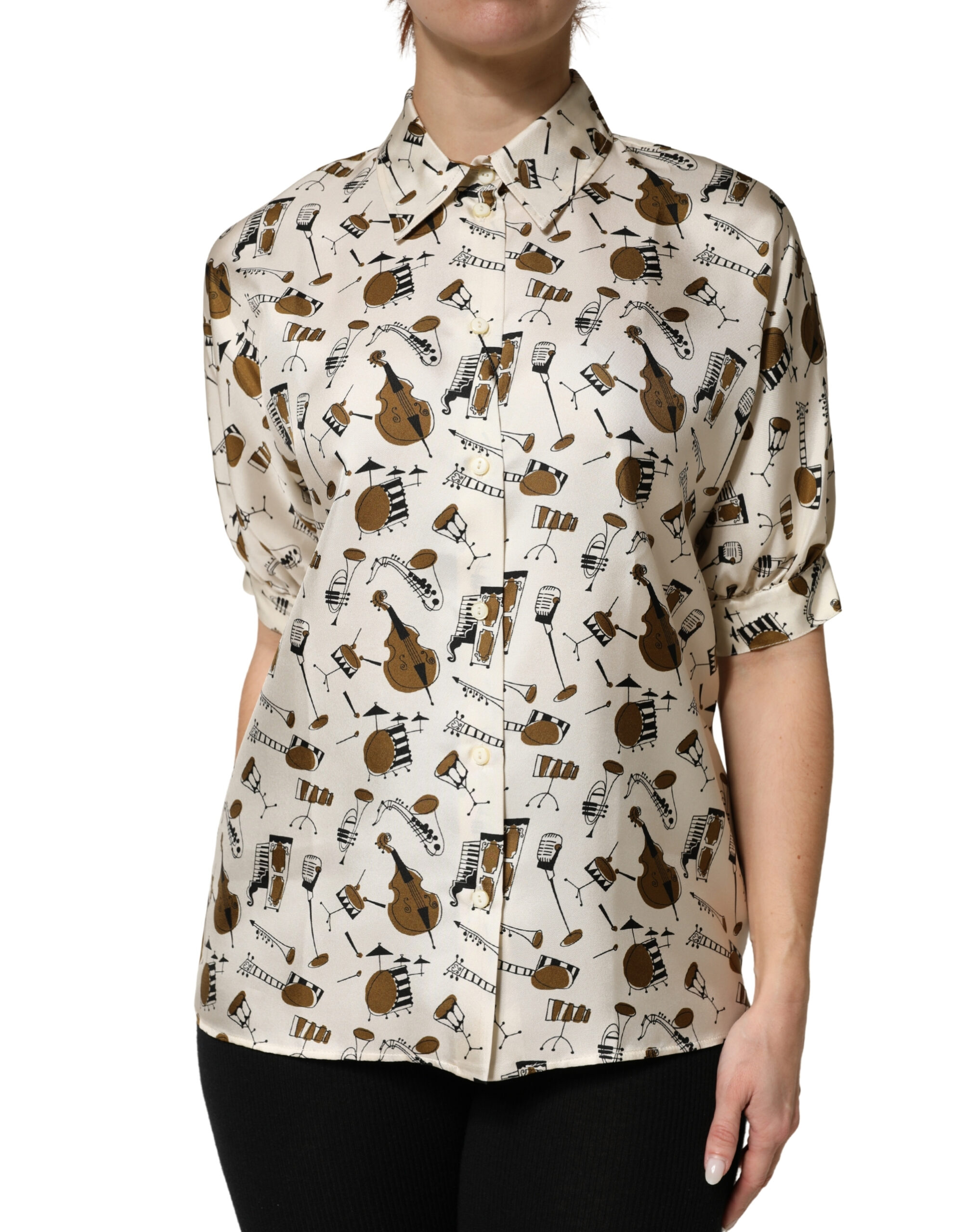 Dolce & Gabbana Beige Musical Instrument Print Short Sleeve Top - Image 2