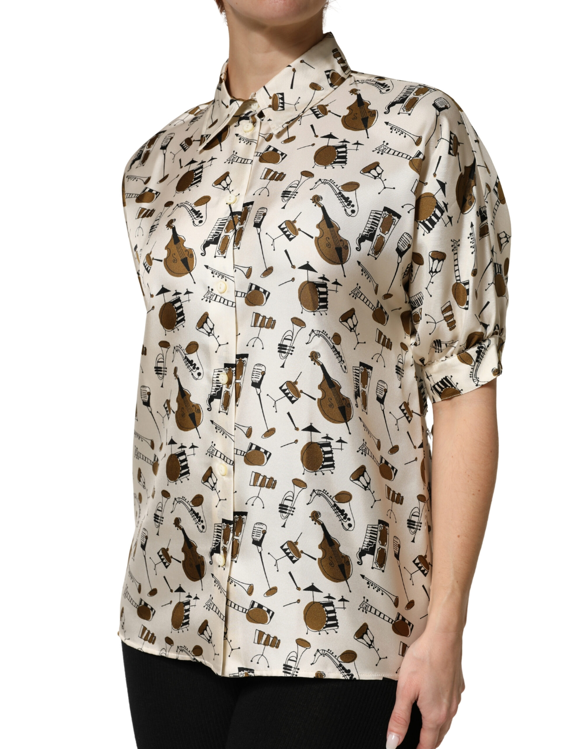 Dolce & Gabbana Beige Musical Instrument Print Short Sleeve Top - Image 3