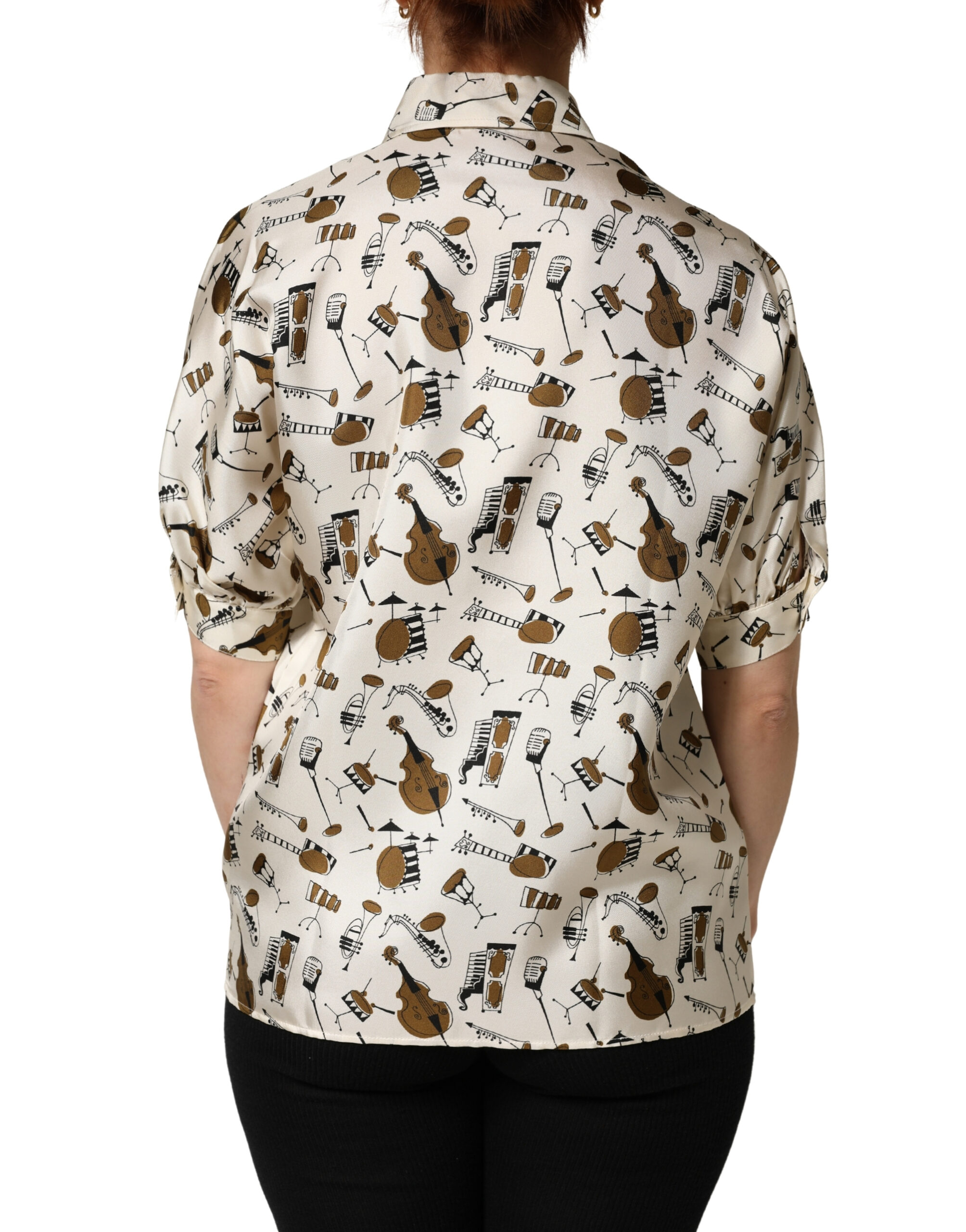 Dolce & Gabbana Beige Musical Instrument Print Short Sleeve Top - Image 4