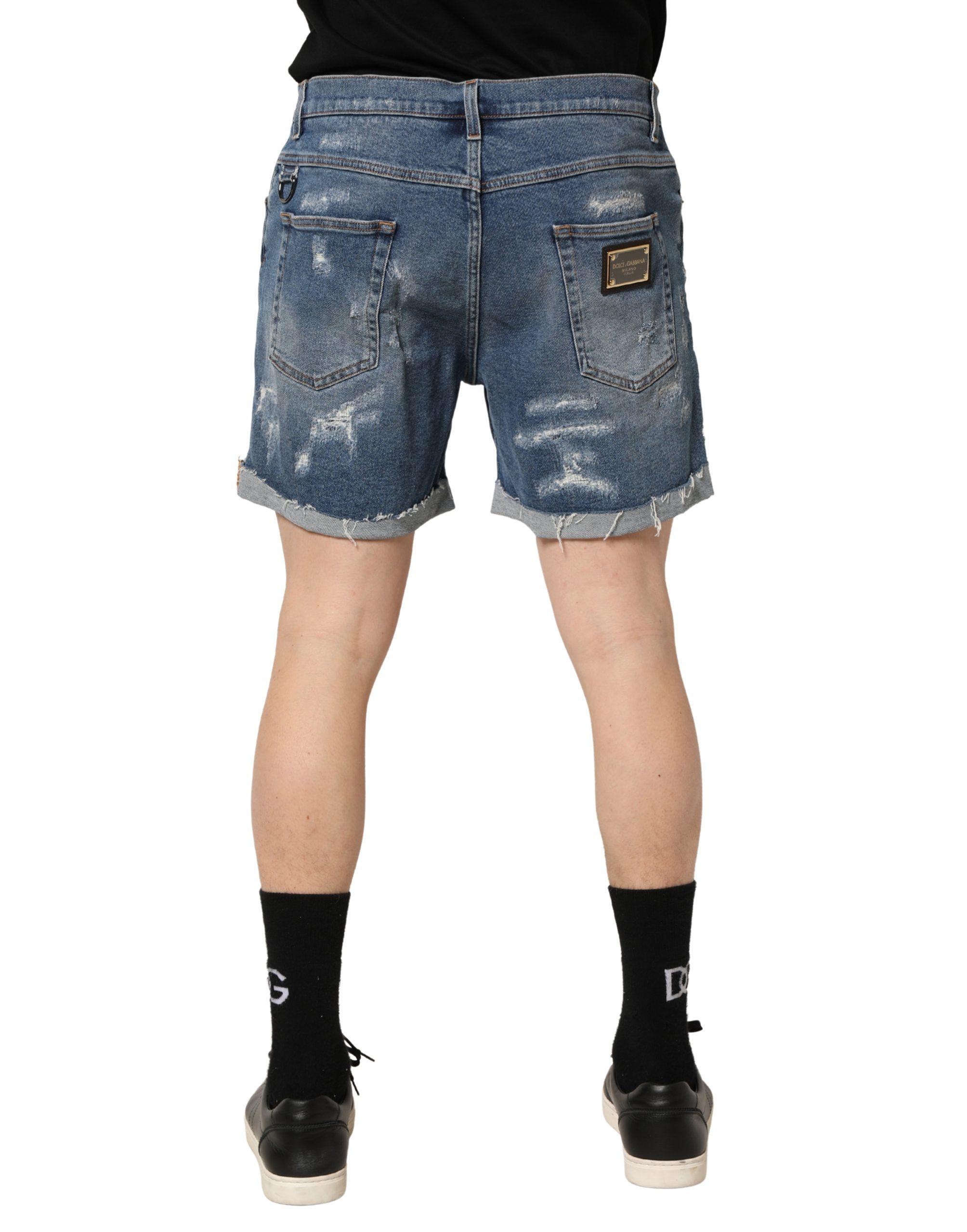 Dolce & Gabbana Blue Cotton Distressed Denim Bermuda Shorts - Image 3