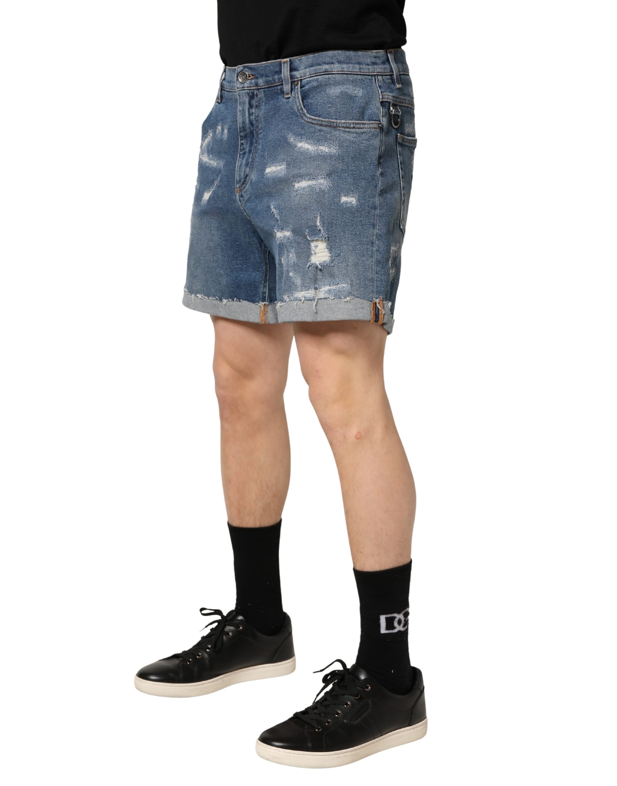 Dolce & Gabbana Blue Cotton Distressed Denim Bermuda Shorts - Image 4
