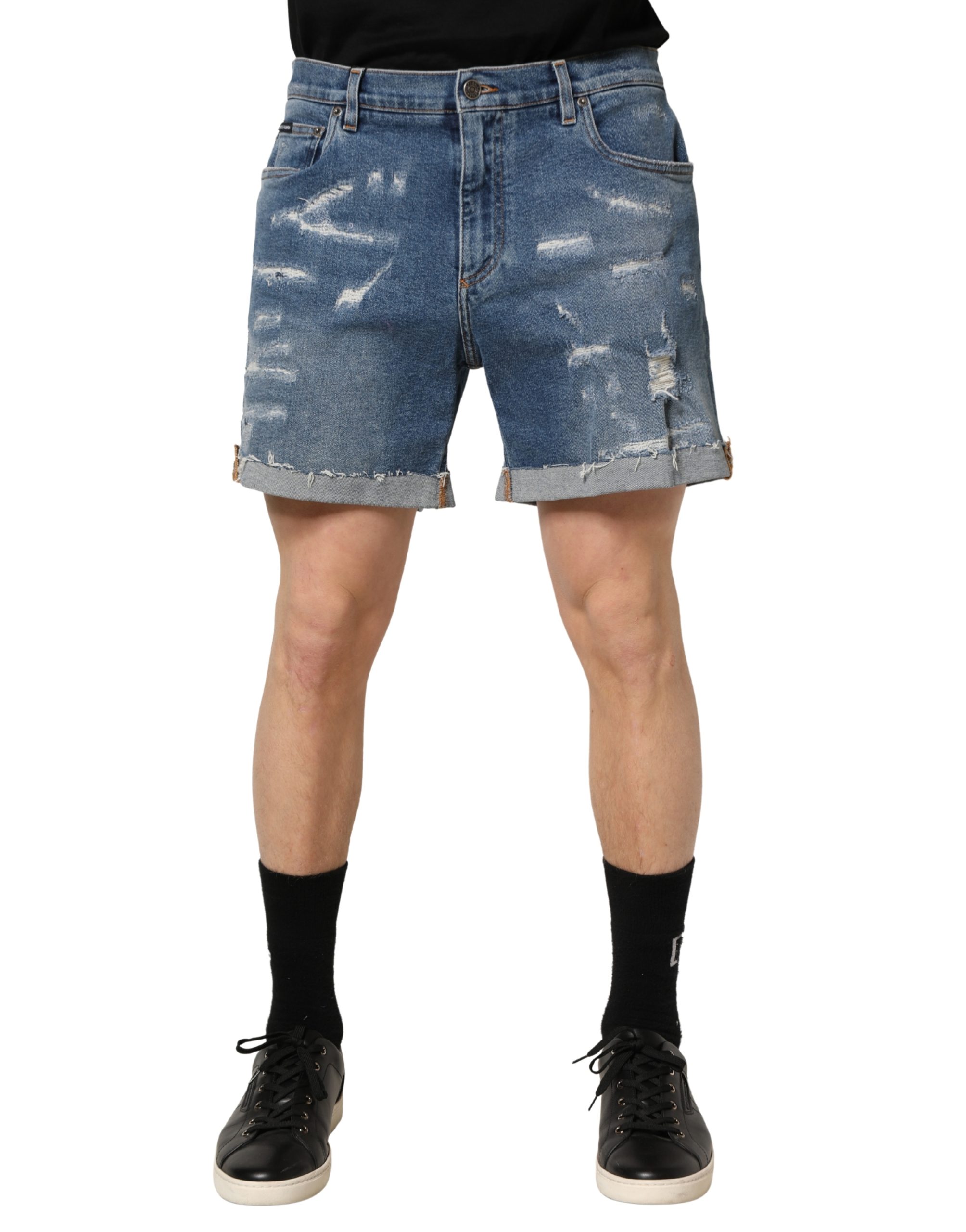 Dolce & Gabbana Blue Cotton Distressed Denim Bermuda Shorts - Image 6