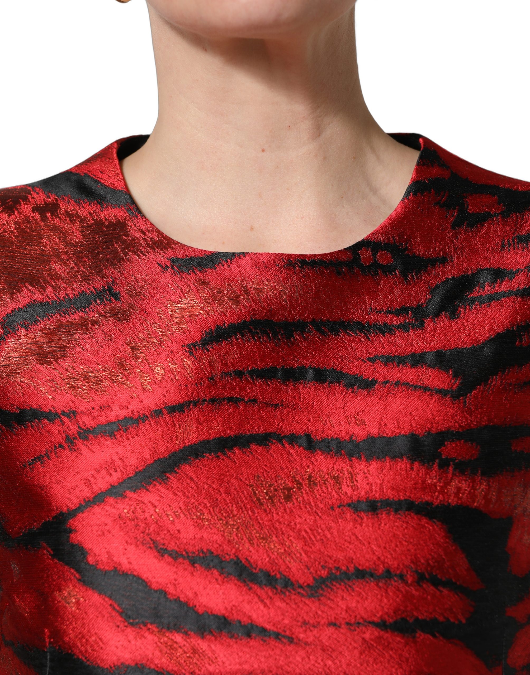 Dolce & Gabbana Red Black Tiger Print Jacquard Flared Dress - Image 2