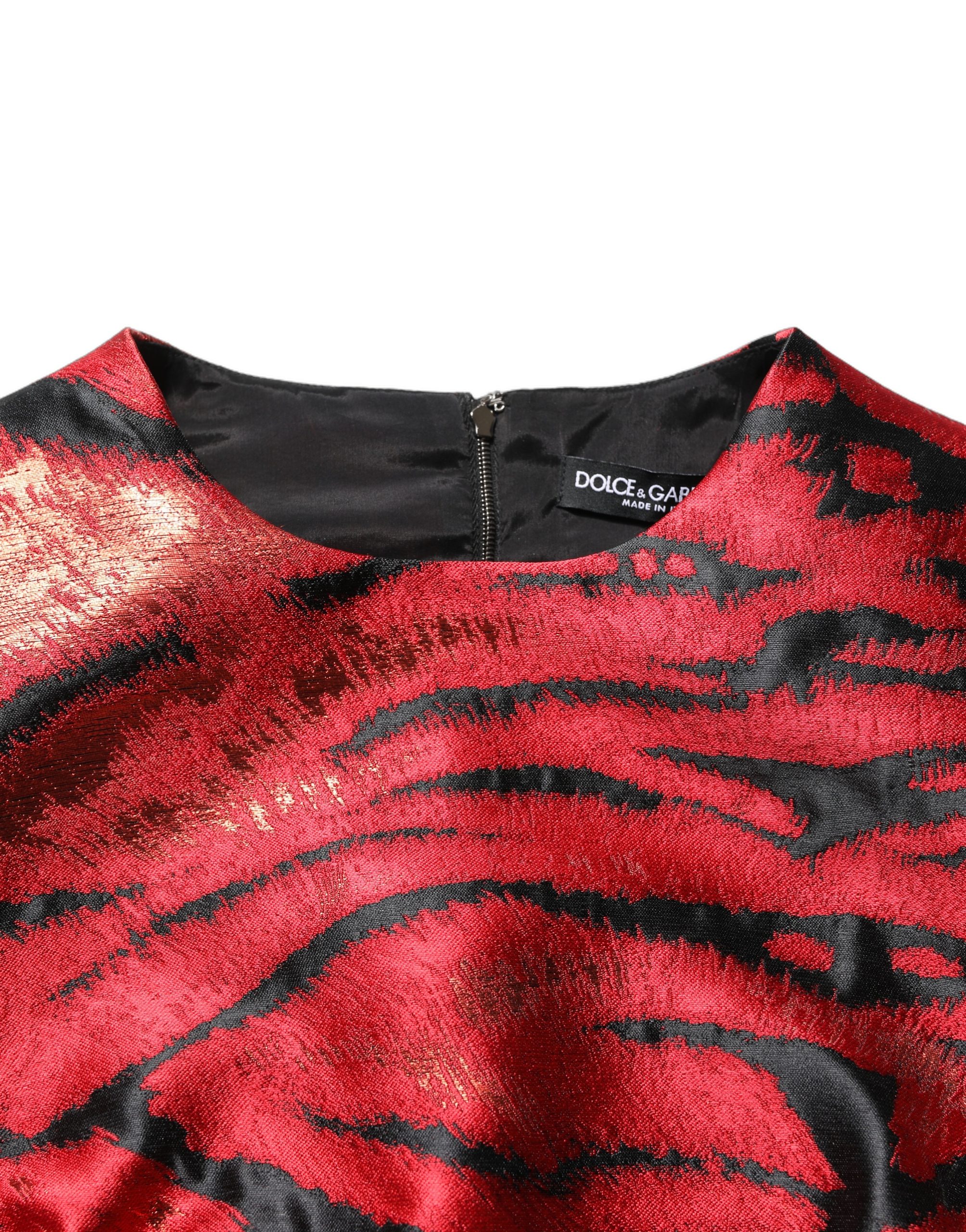 Dolce & Gabbana Red Black Tiger Print Jacquard Flared Dress - Image 3