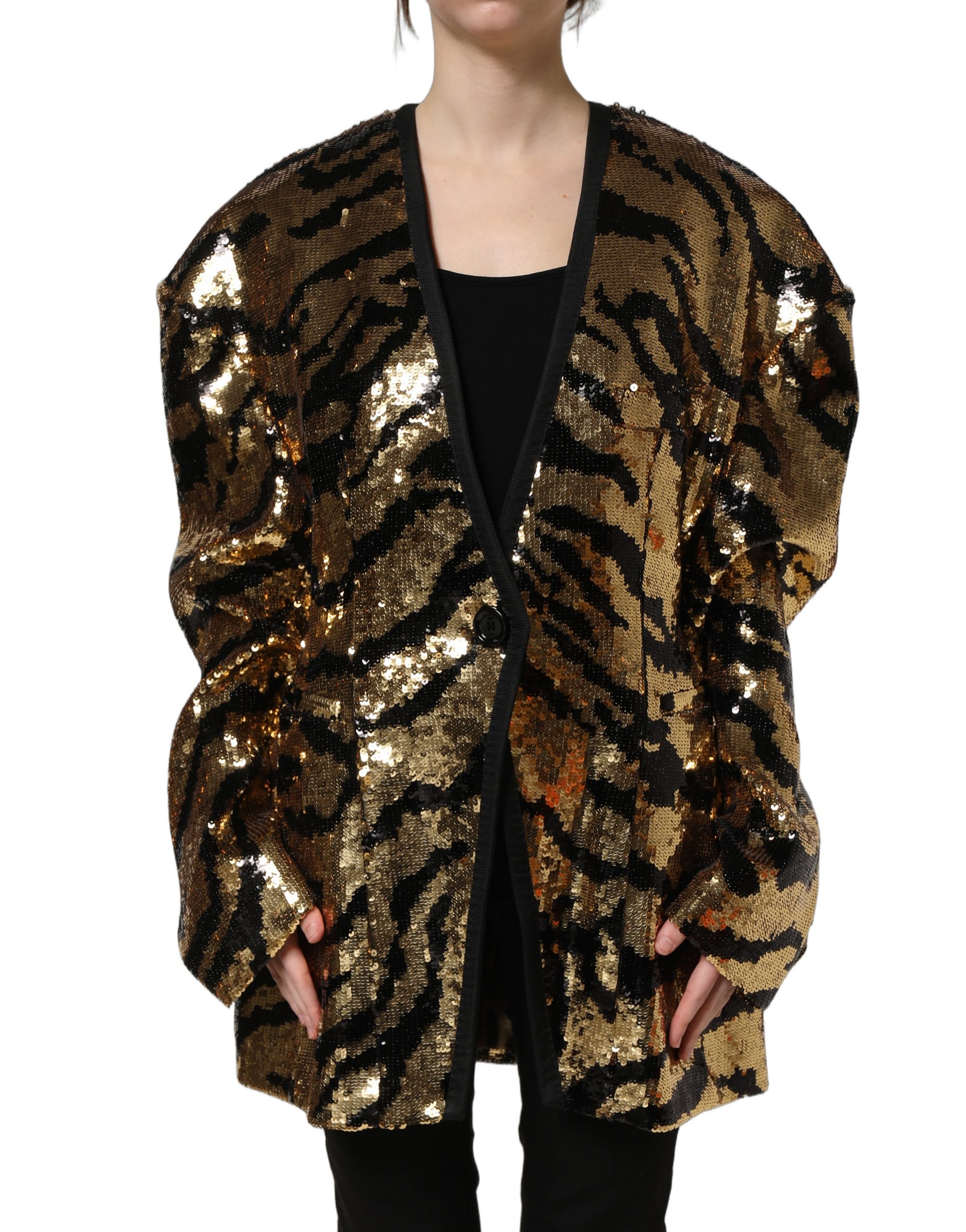 Dolce & Gabbana Black Gold Sequin Tiger Stripe Blazer Jacket - Image 2