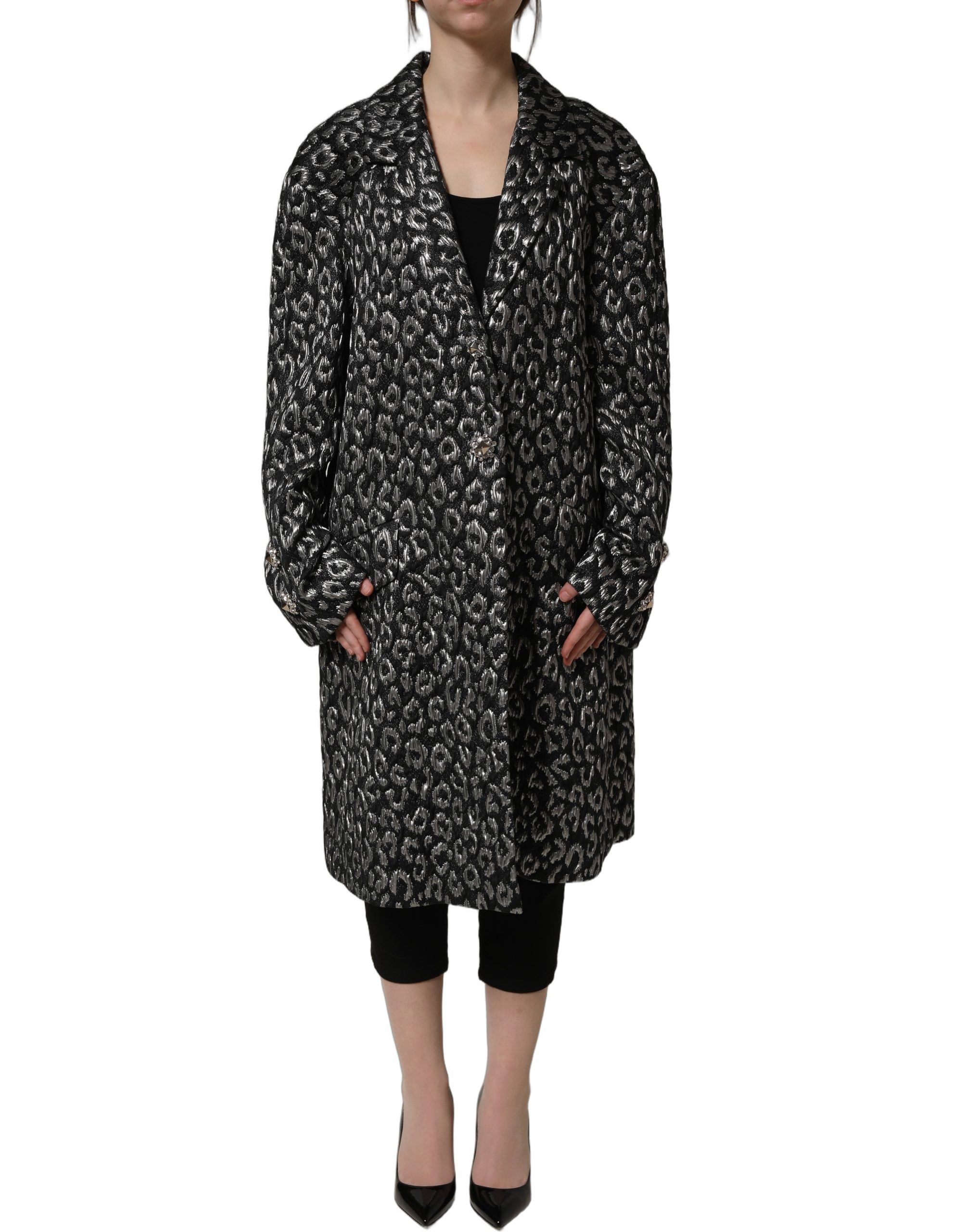 Dolce & Gabbana Black Silver Jacquard Leopard Coat Jacket - Image 2