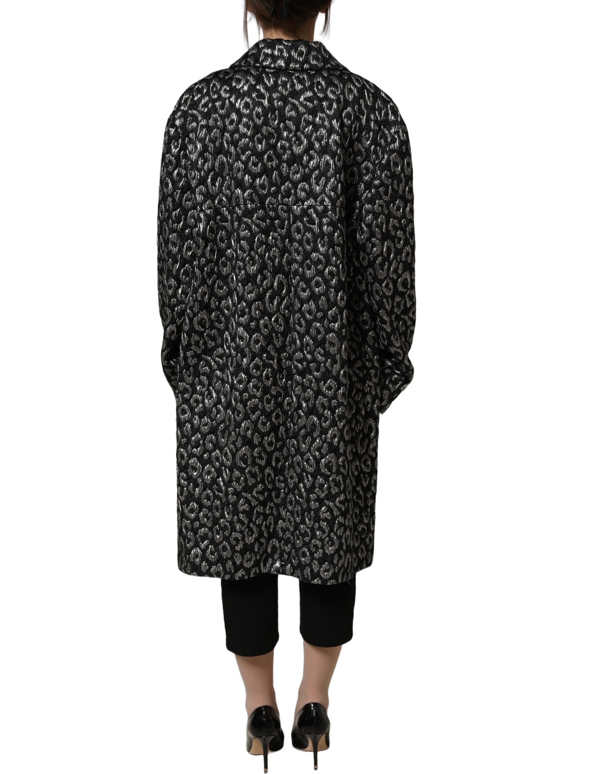 Dolce & Gabbana Black Silver Jacquard Leopard Coat Jacket - Image 3