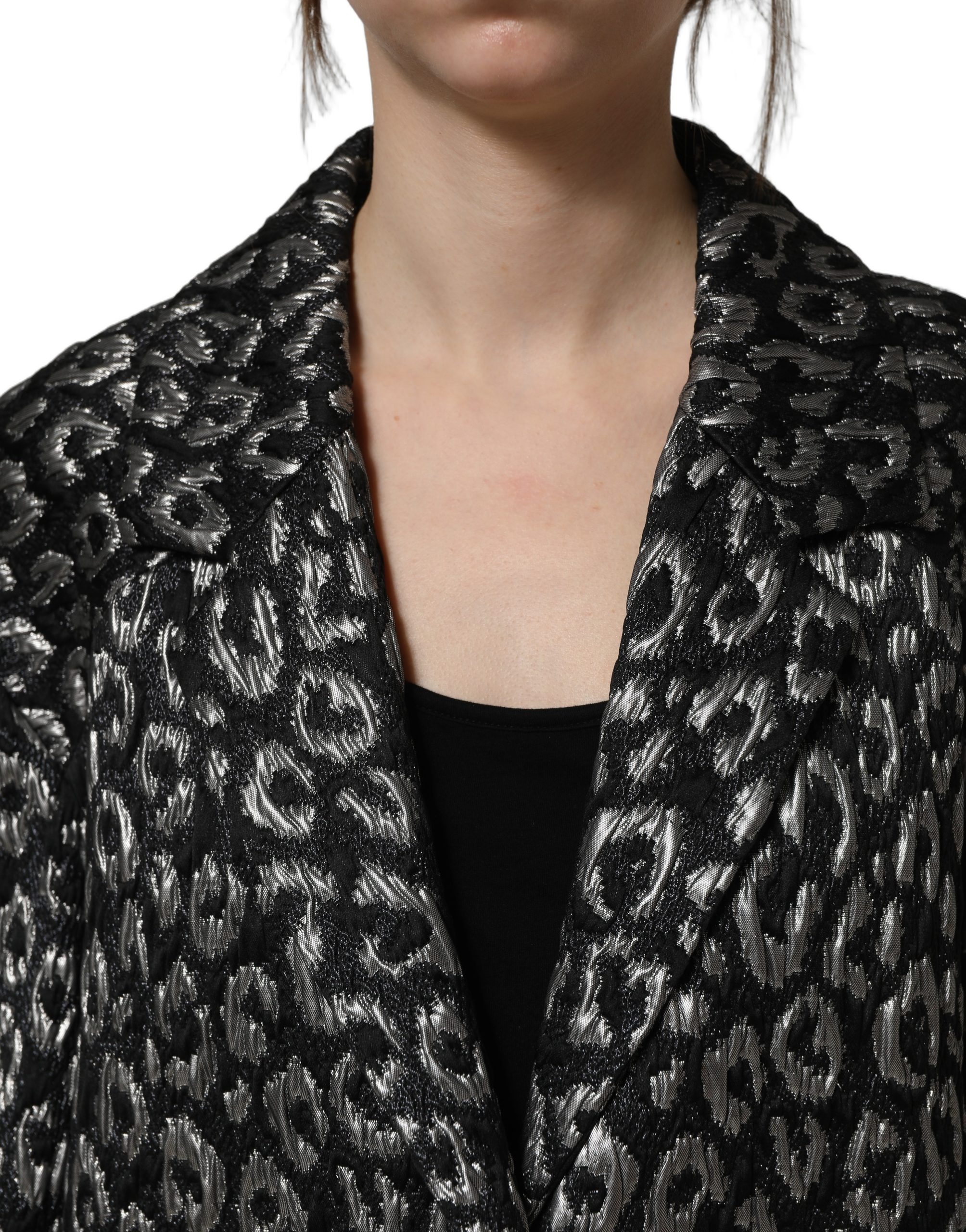Dolce & Gabbana Black Silver Jacquard Leopard Coat Jacket - Image 4