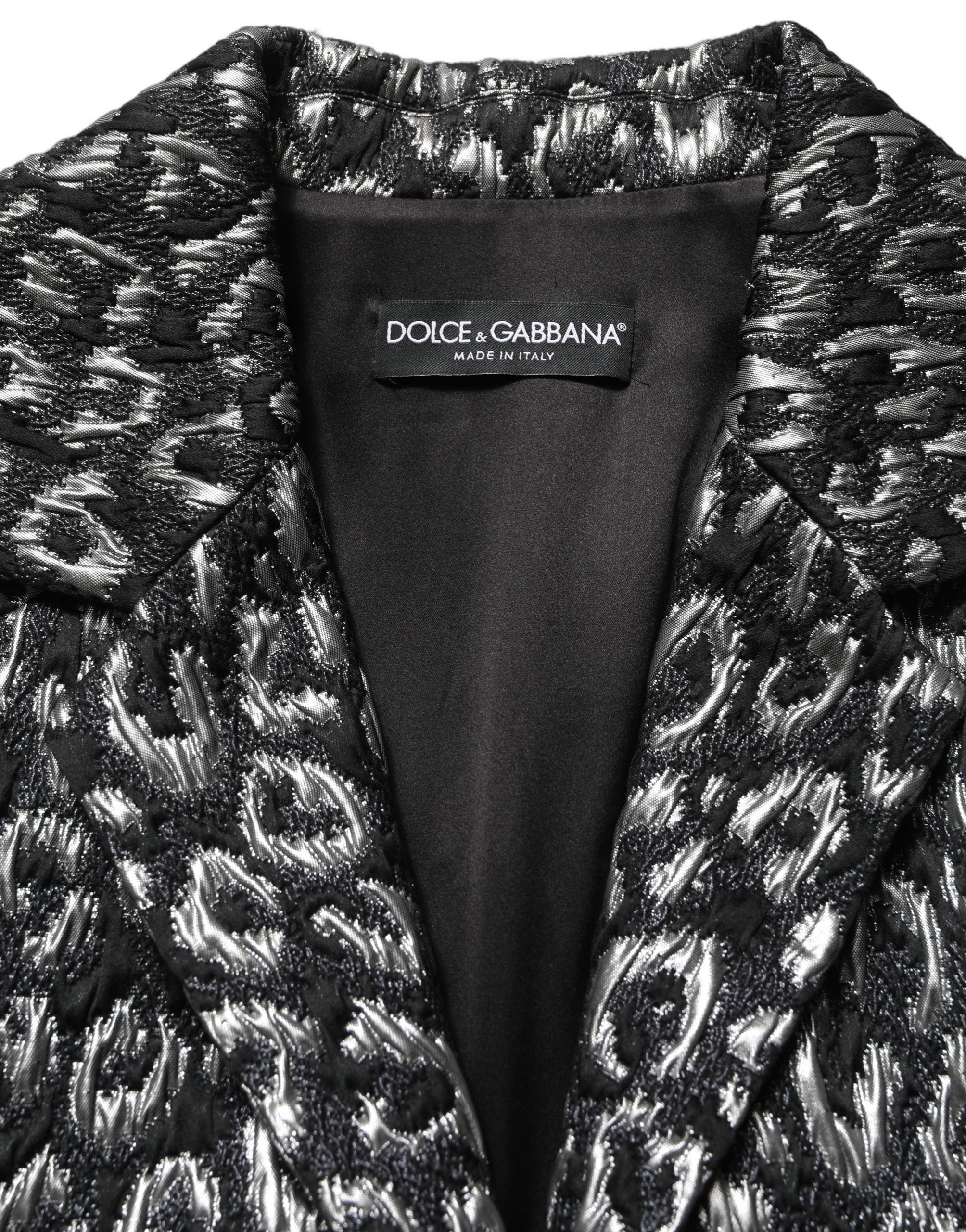 Dolce & Gabbana Black Silver Jacquard Leopard Coat Jacket - Image 5
