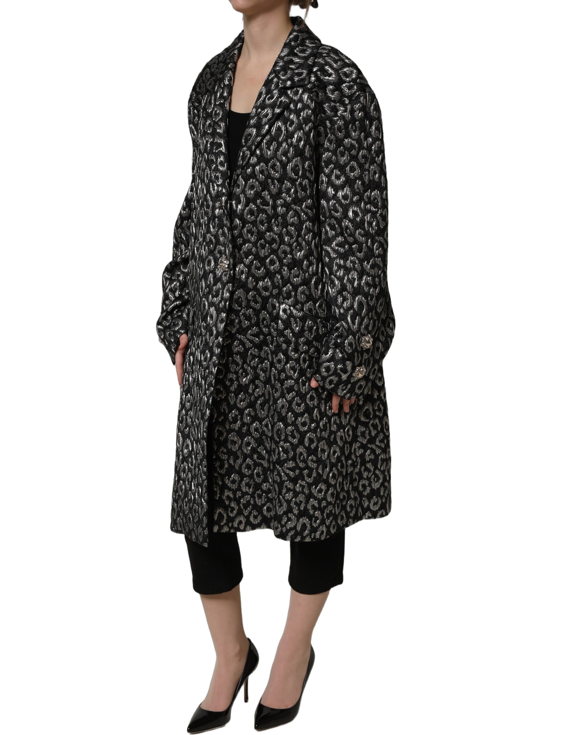Dolce & Gabbana Black Silver Jacquard Leopard Coat Jacket - Image 7