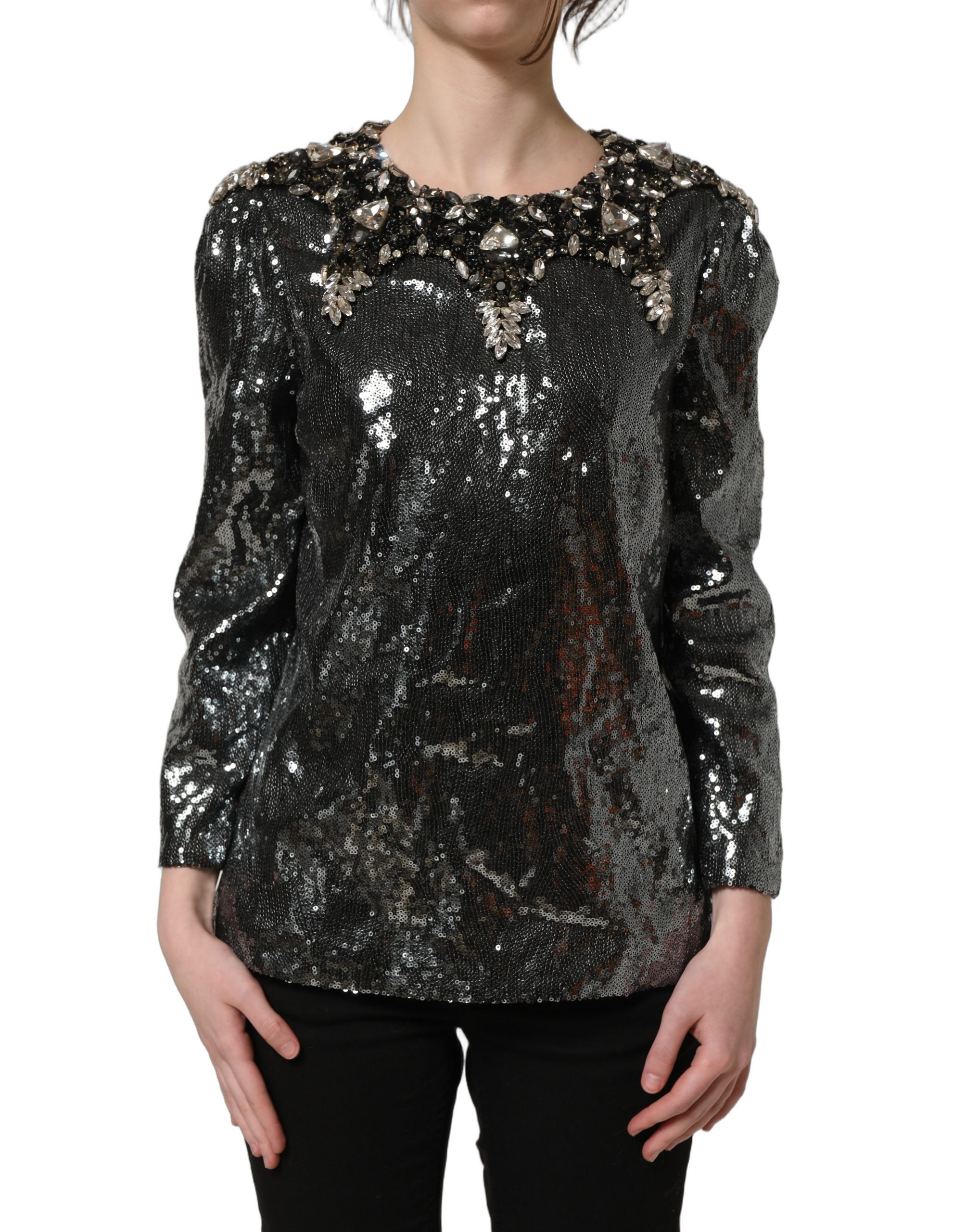 Dolce & Gabbana Metallic Gray Sequin Embellished Blouse Top - Image 2