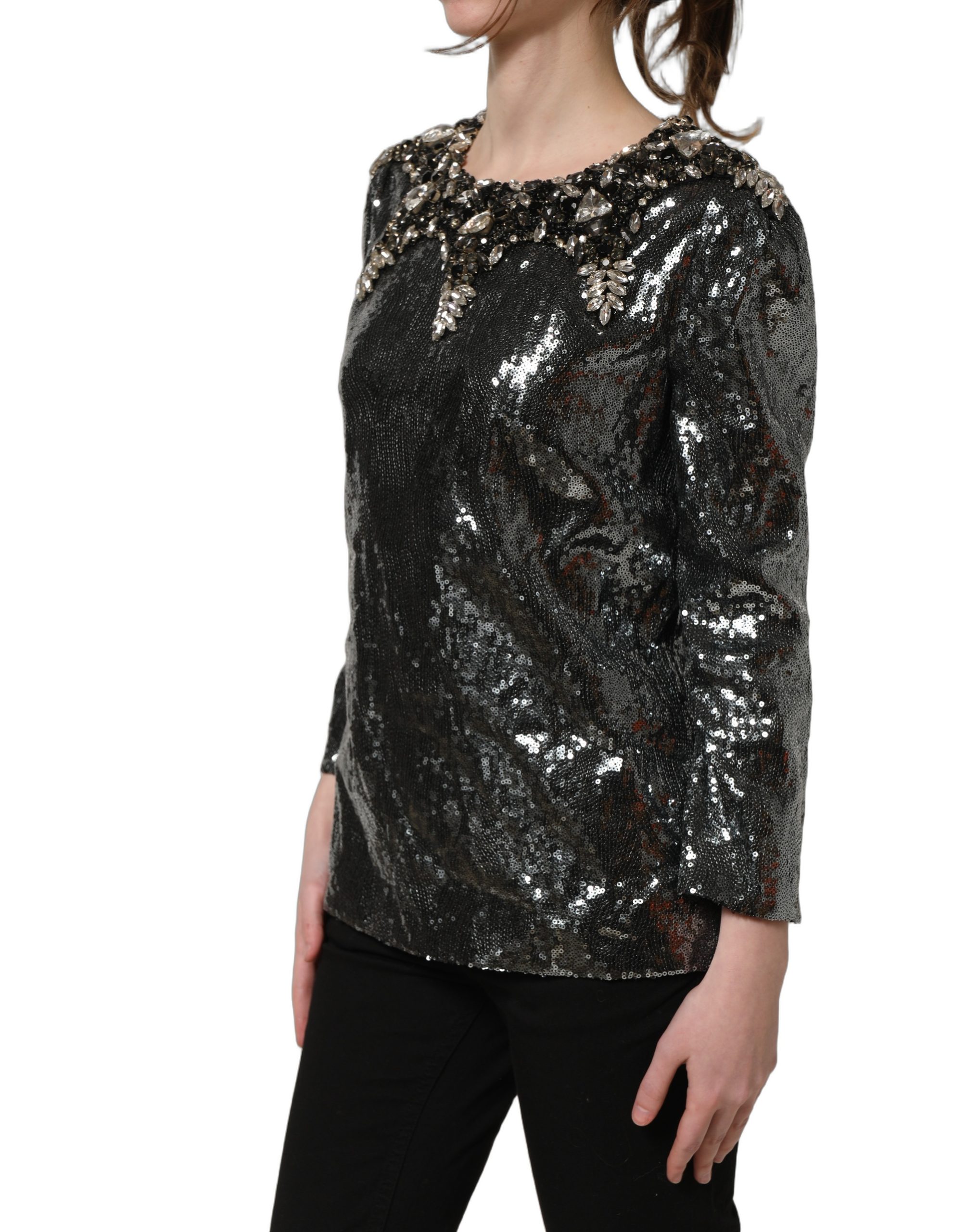 Dolce & Gabbana Metallic Gray Sequin Embellished Blouse Top - Image 3
