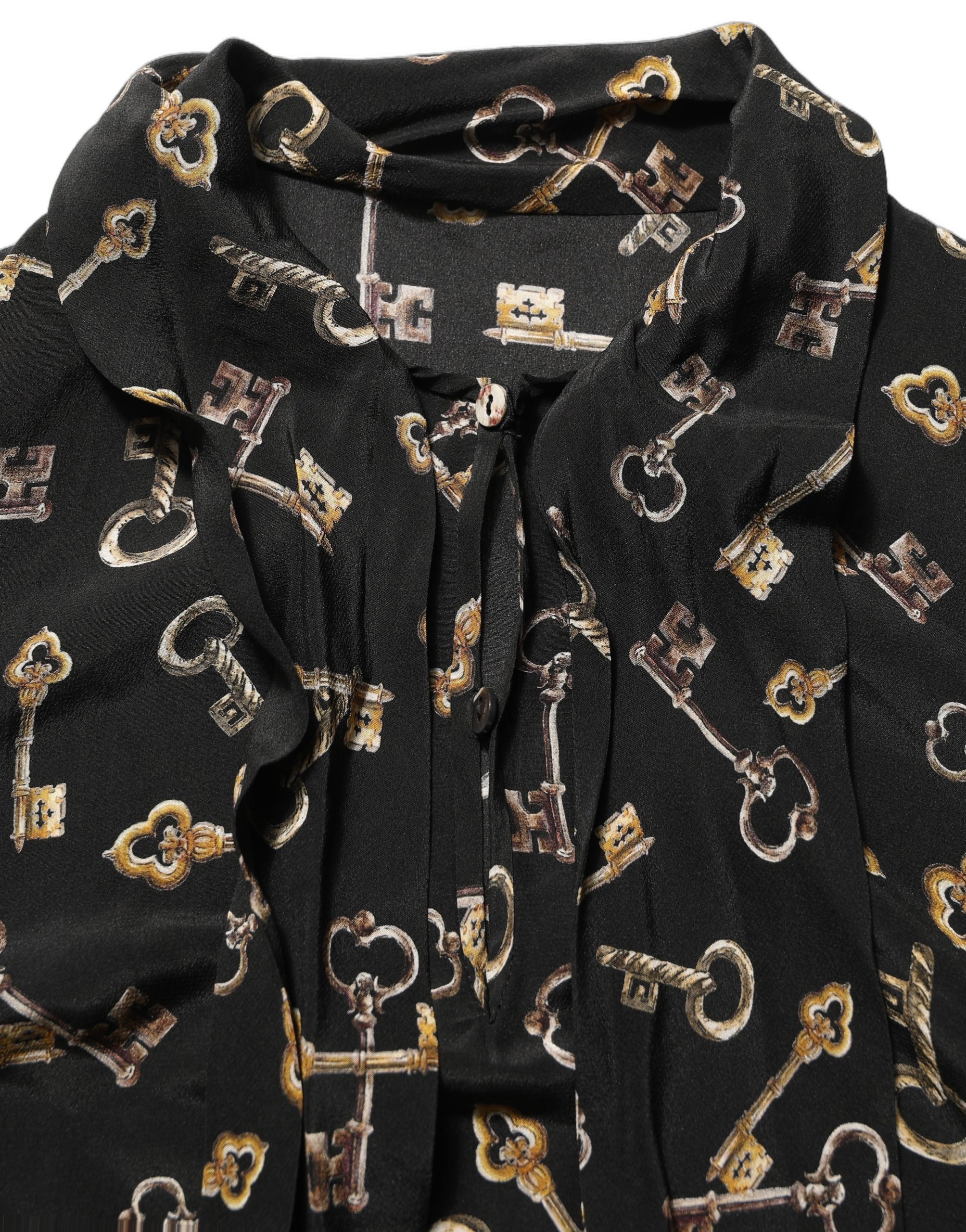 Dolce & Gabbana Black Keys Print Silk Tie Neck Blouse Top