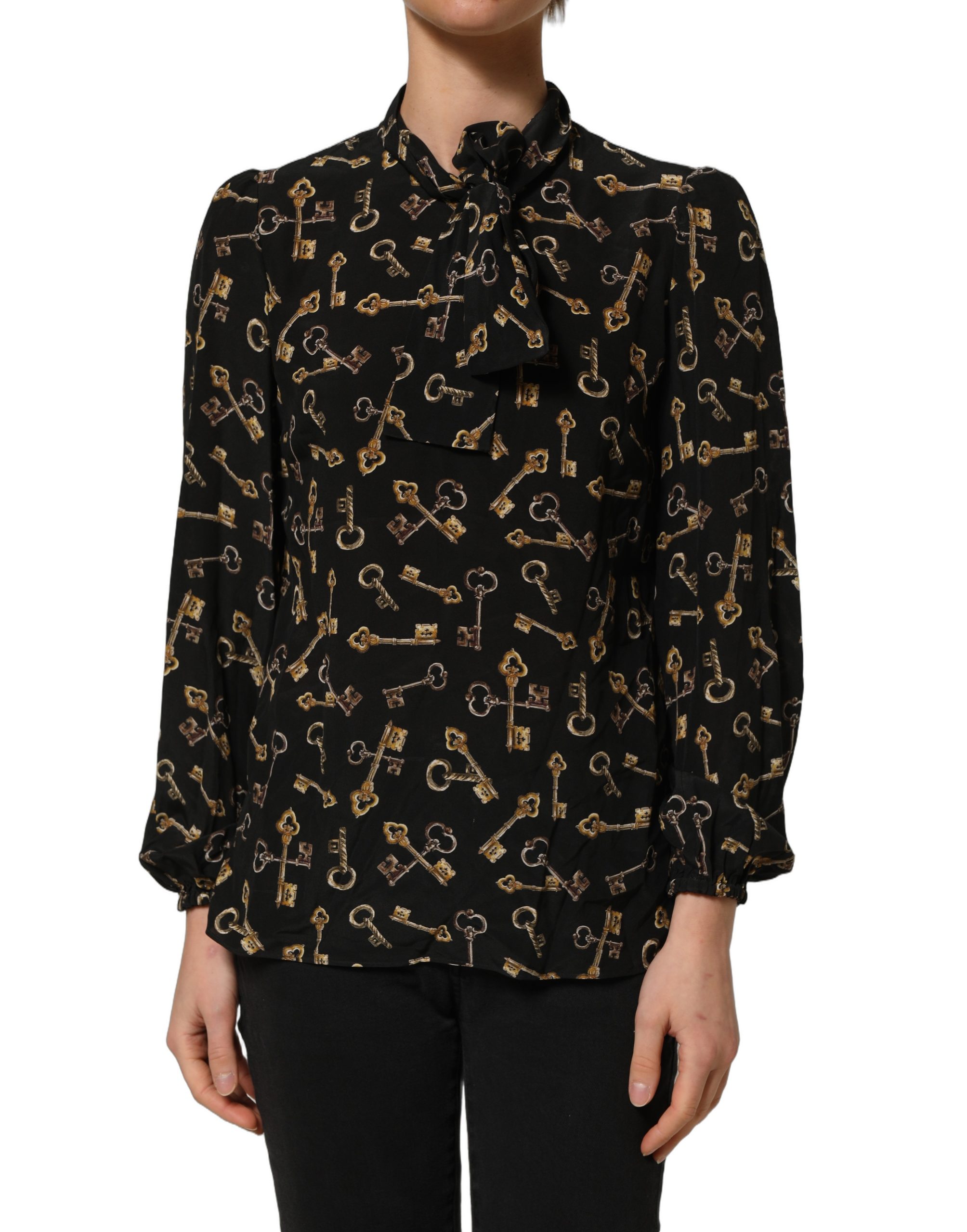 Dolce & Gabbana Black Keys Print Silk Tie Neck Blouse Top - Image 2