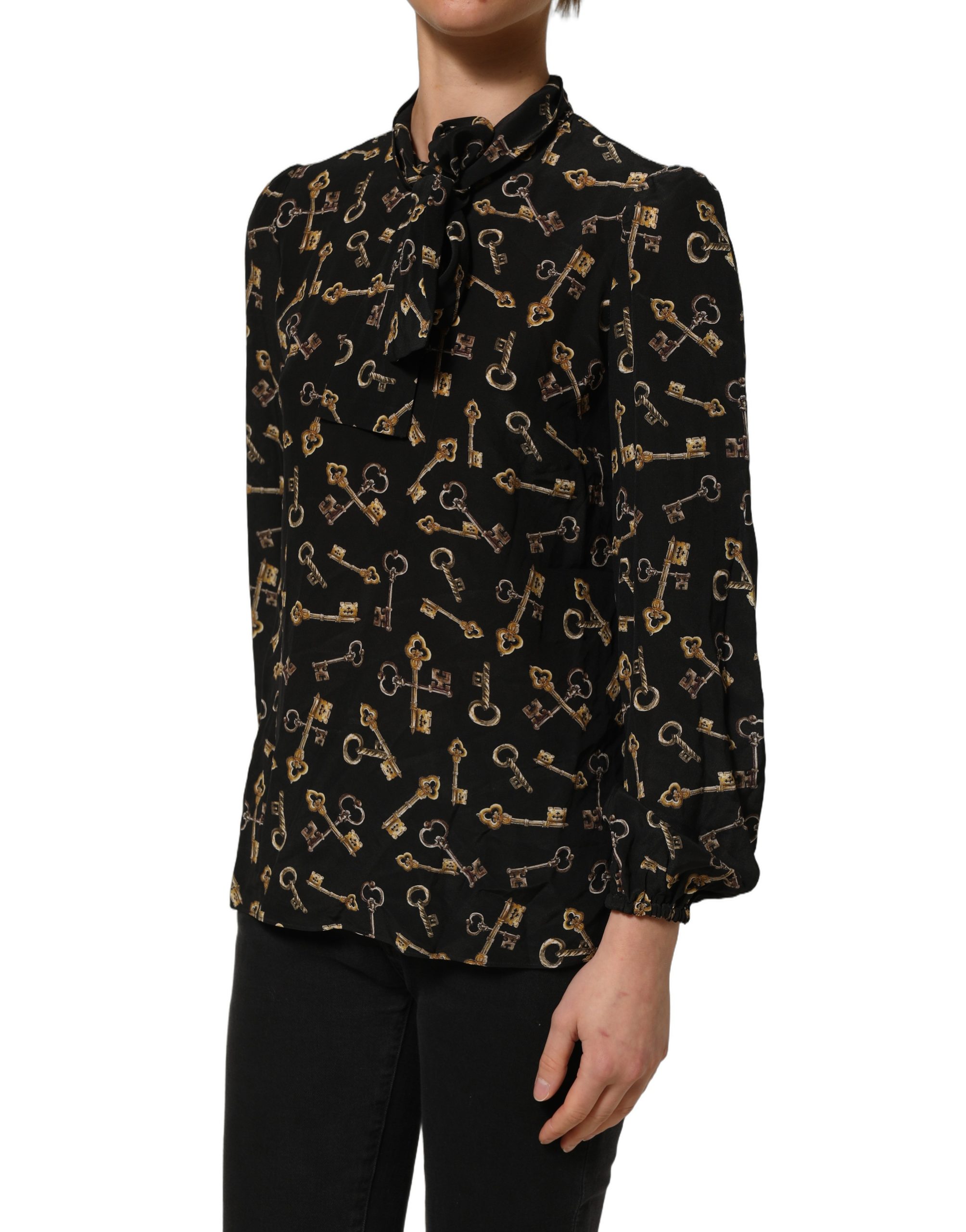 Dolce & Gabbana Black Keys Print Silk Tie Neck Blouse Top - Image 4