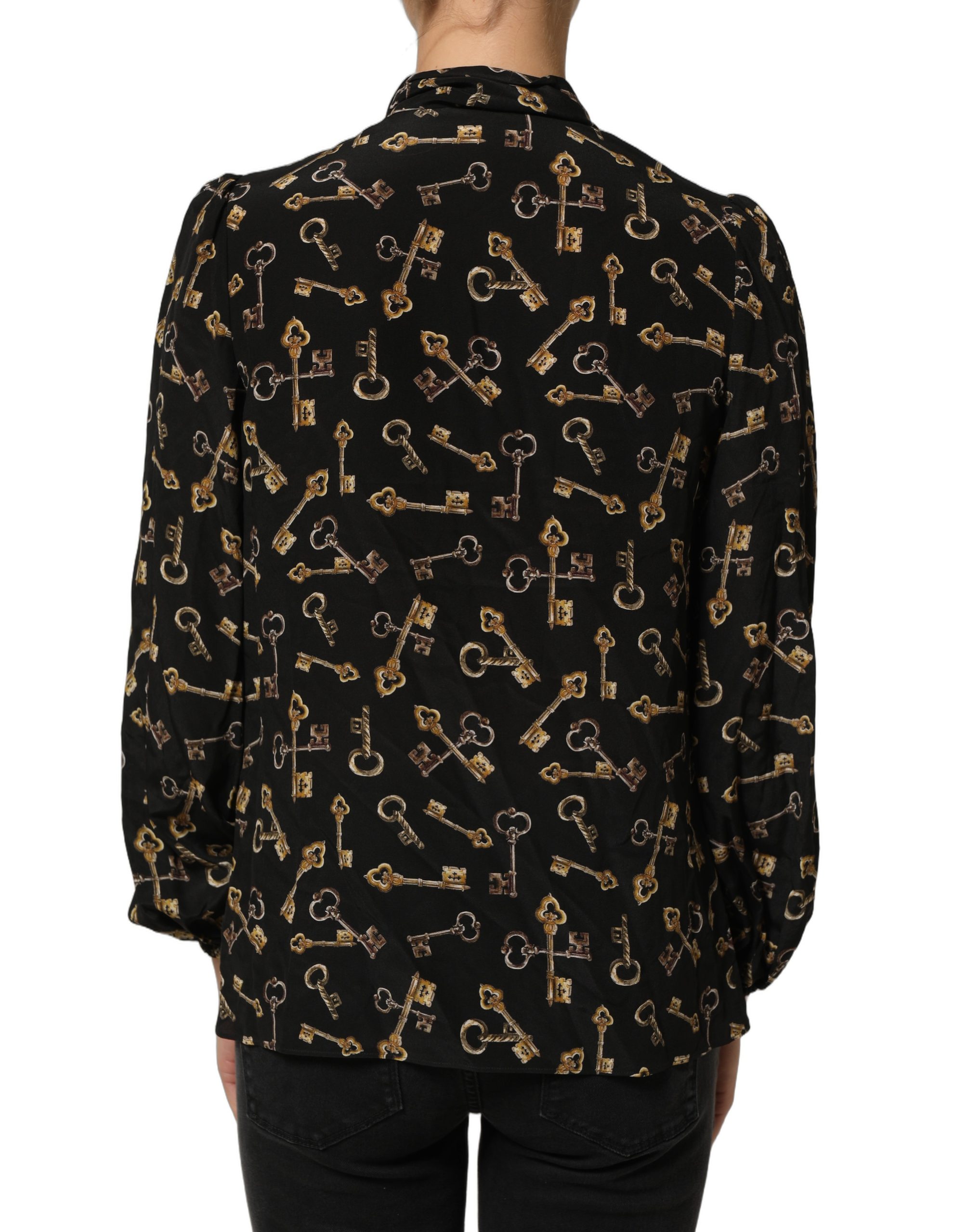 Dolce & Gabbana Black Keys Print Silk Tie Neck Blouse Top - Image 5