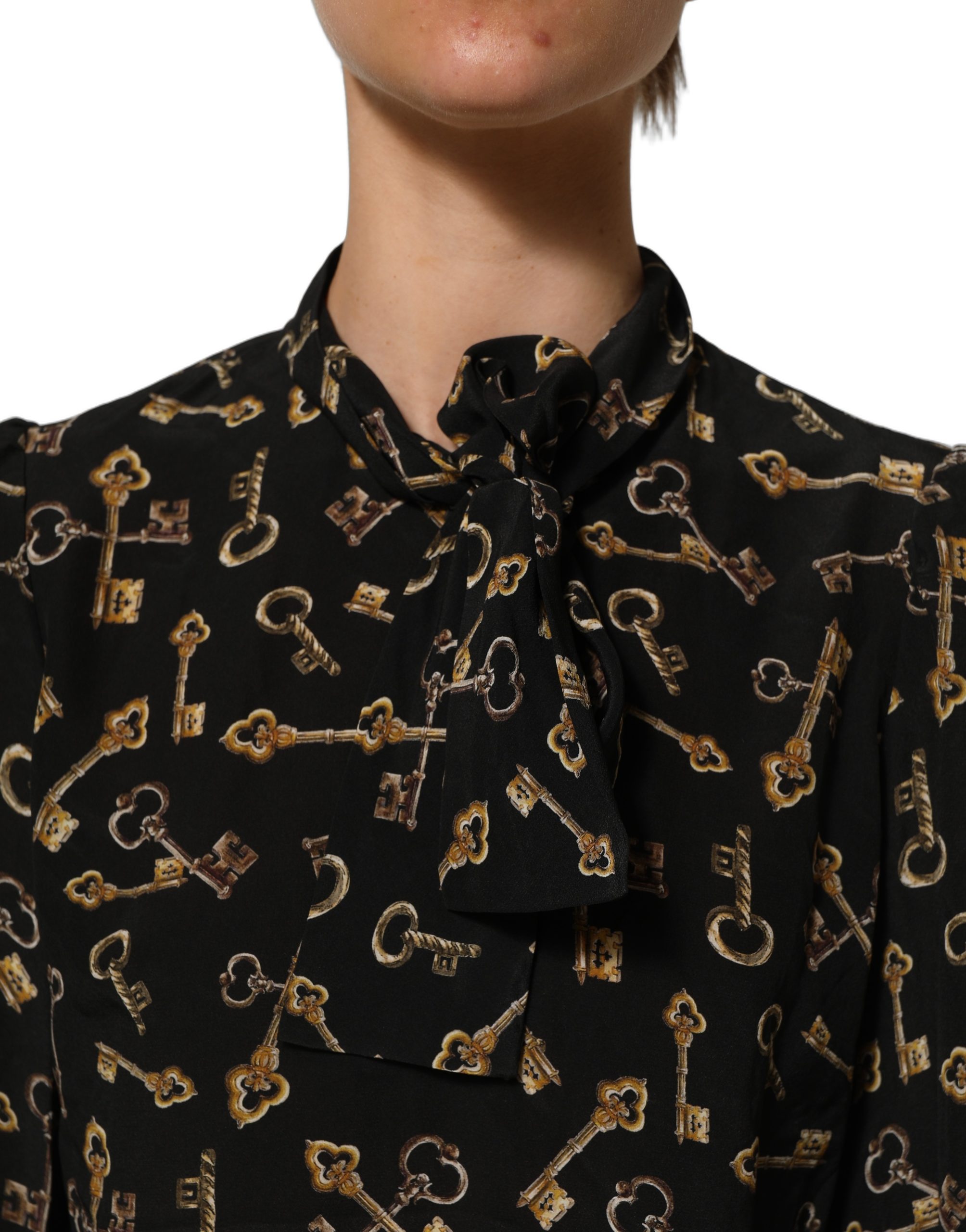Dolce & Gabbana Black Keys Print Silk Tie Neck Blouse Top - Image 6