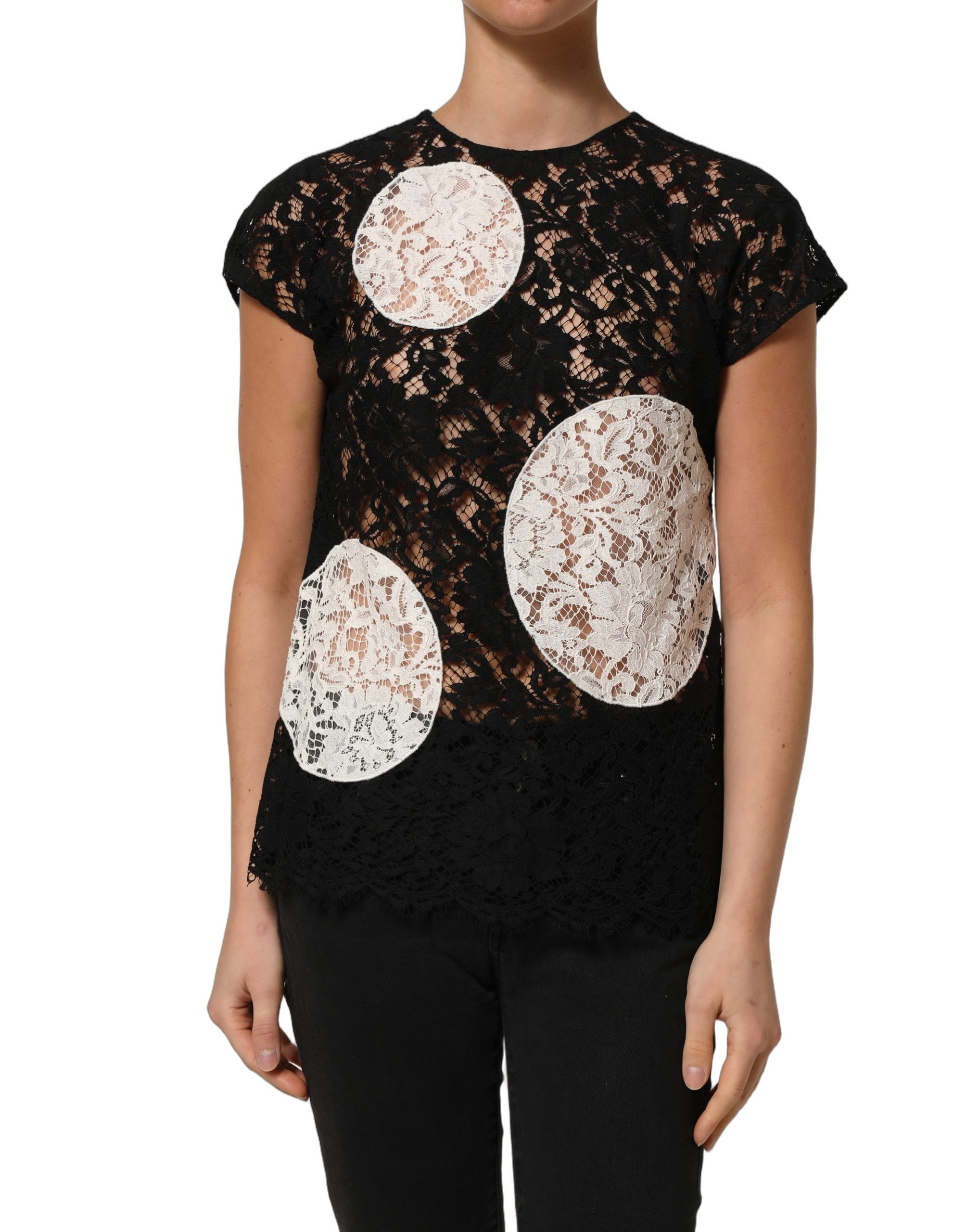 Dolce & Gabbana Black White Floral Lace Short Sleeve Blouse Top - Image 2