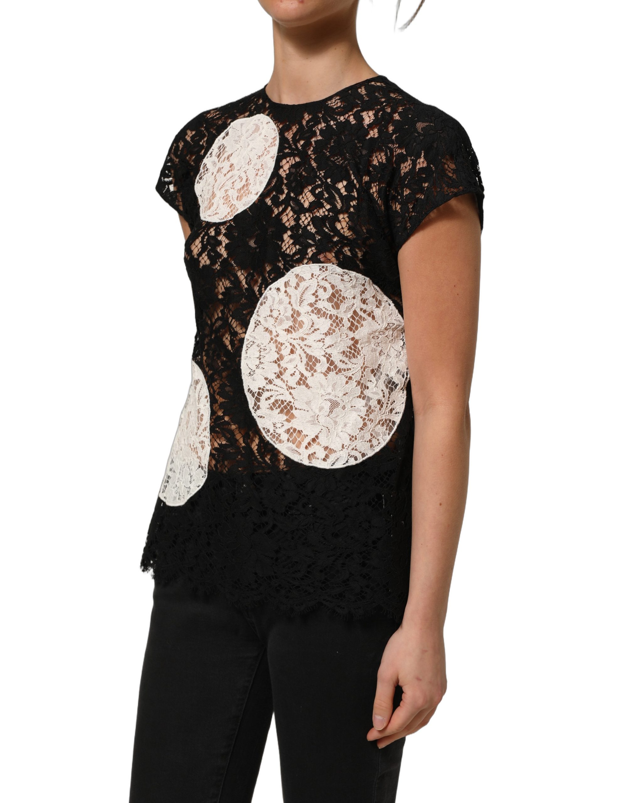 Dolce & Gabbana Black White Floral Lace Short Sleeve Blouse Top - Image 3