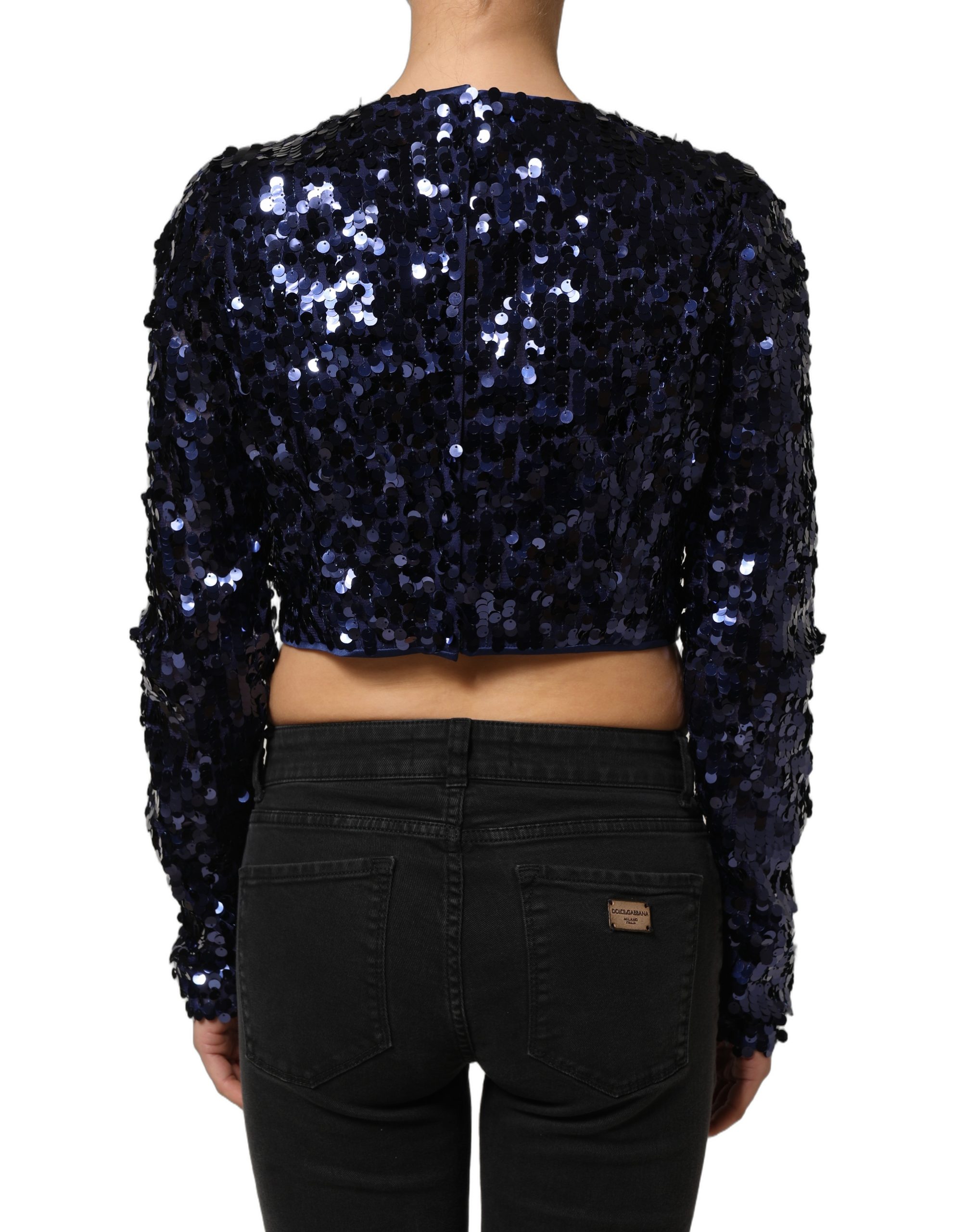 Dolce & Gabbana Blue Sequined Long Sleeves Crop Blouse Top - Image 2