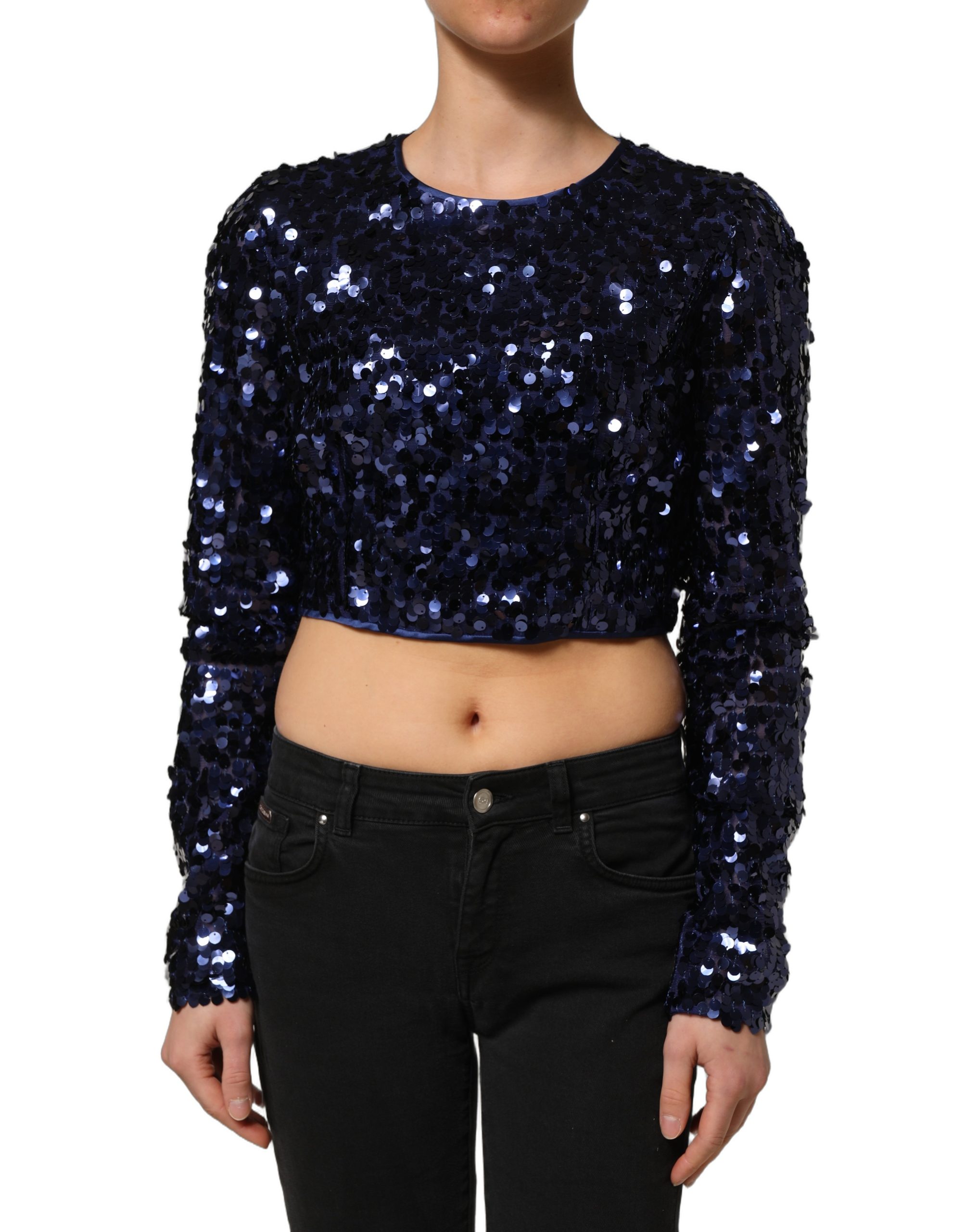 Dolce & Gabbana Blue Sequined Long Sleeves Crop Blouse Top - Image 5