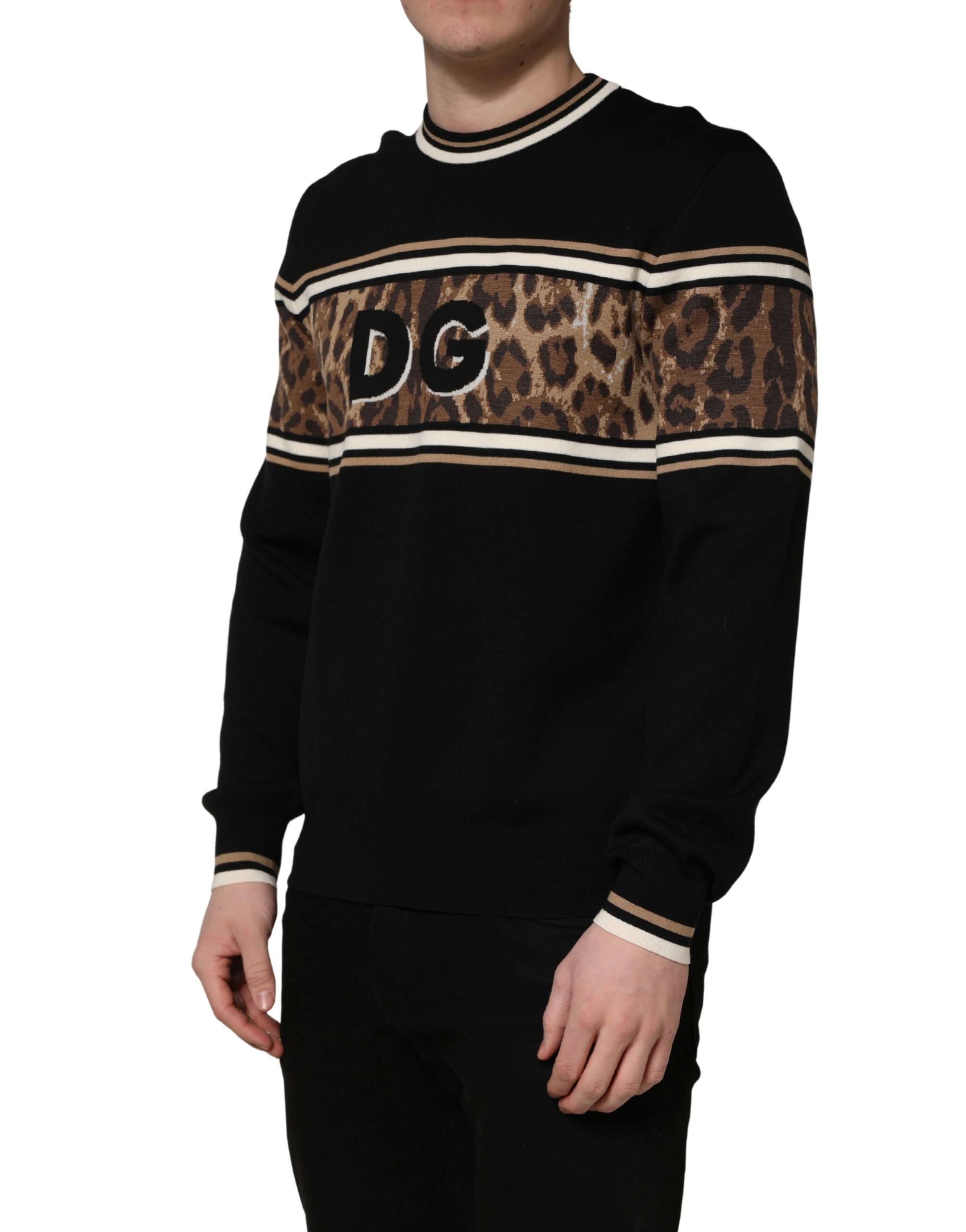 Dolce & Gabbana Black Leopard Wool Crew Neck Men Pullover Sweater - Image 4