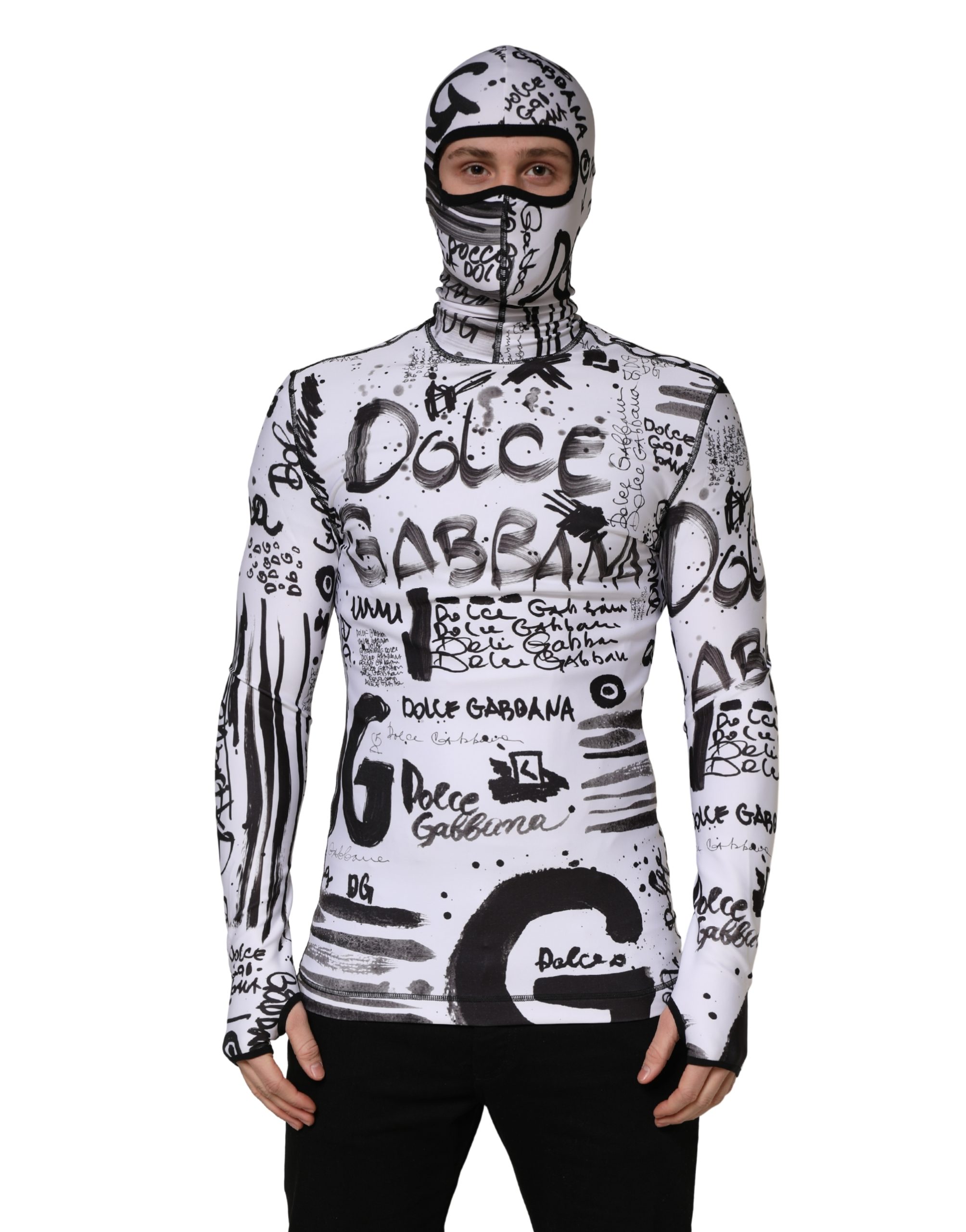 Dolce & Gabbana White Jersey Graffiti Print Balaclava Hood Sweater - Image 2