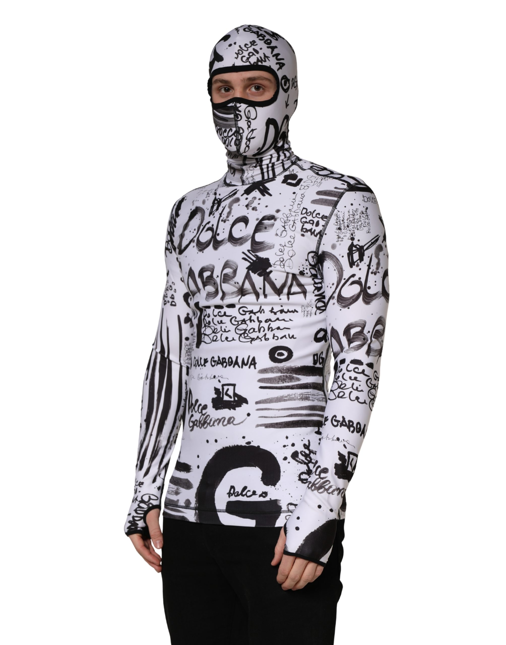 Dolce & Gabbana White Jersey Graffiti Print Balaclava Hood Sweater - Image 4
