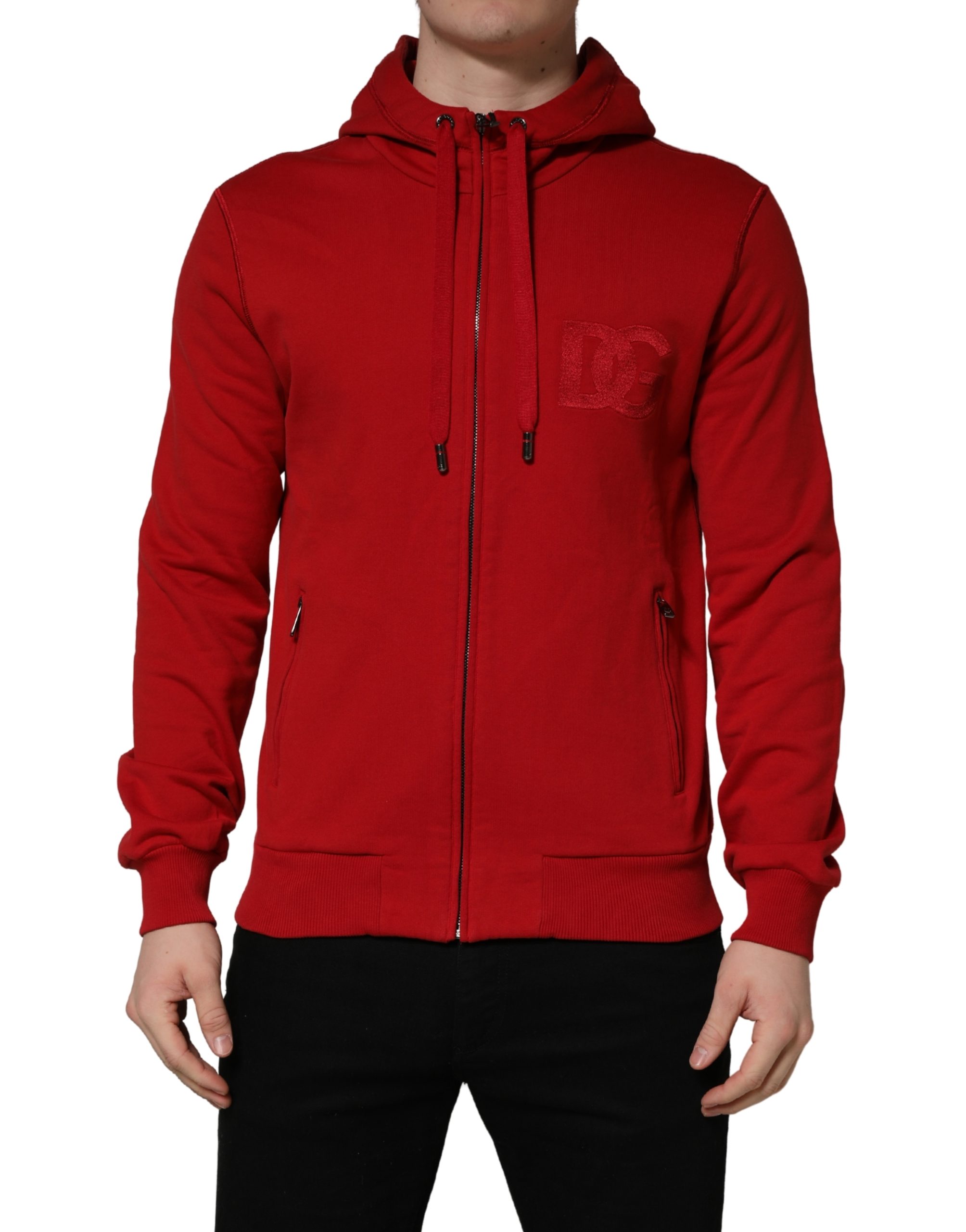 Dolce & Gabbana Red Embroidered Logo Hooded Full Zip Sweater - Image 2