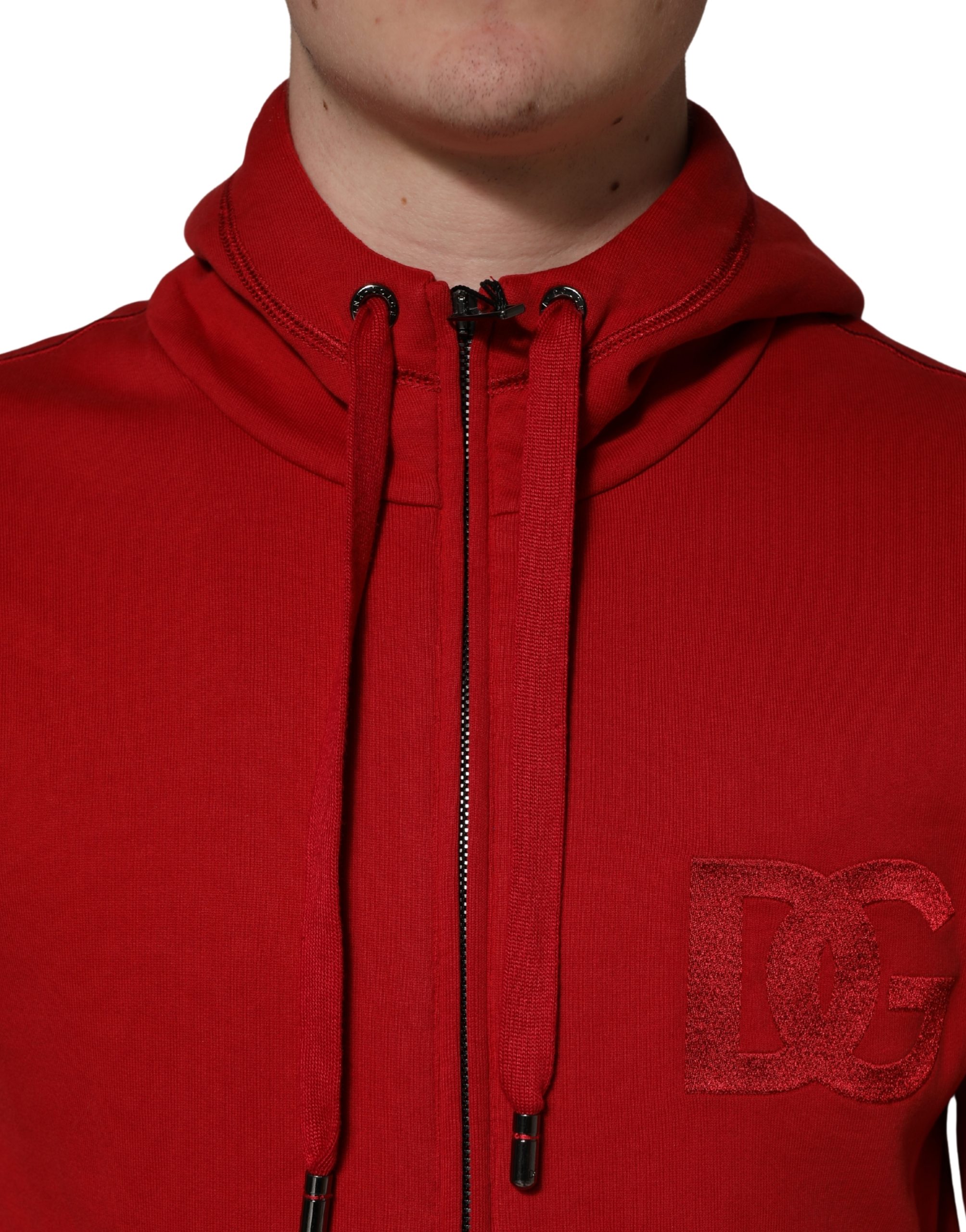 Dolce & Gabbana Red Embroidered Logo Hooded Full Zip Sweater - Image 6