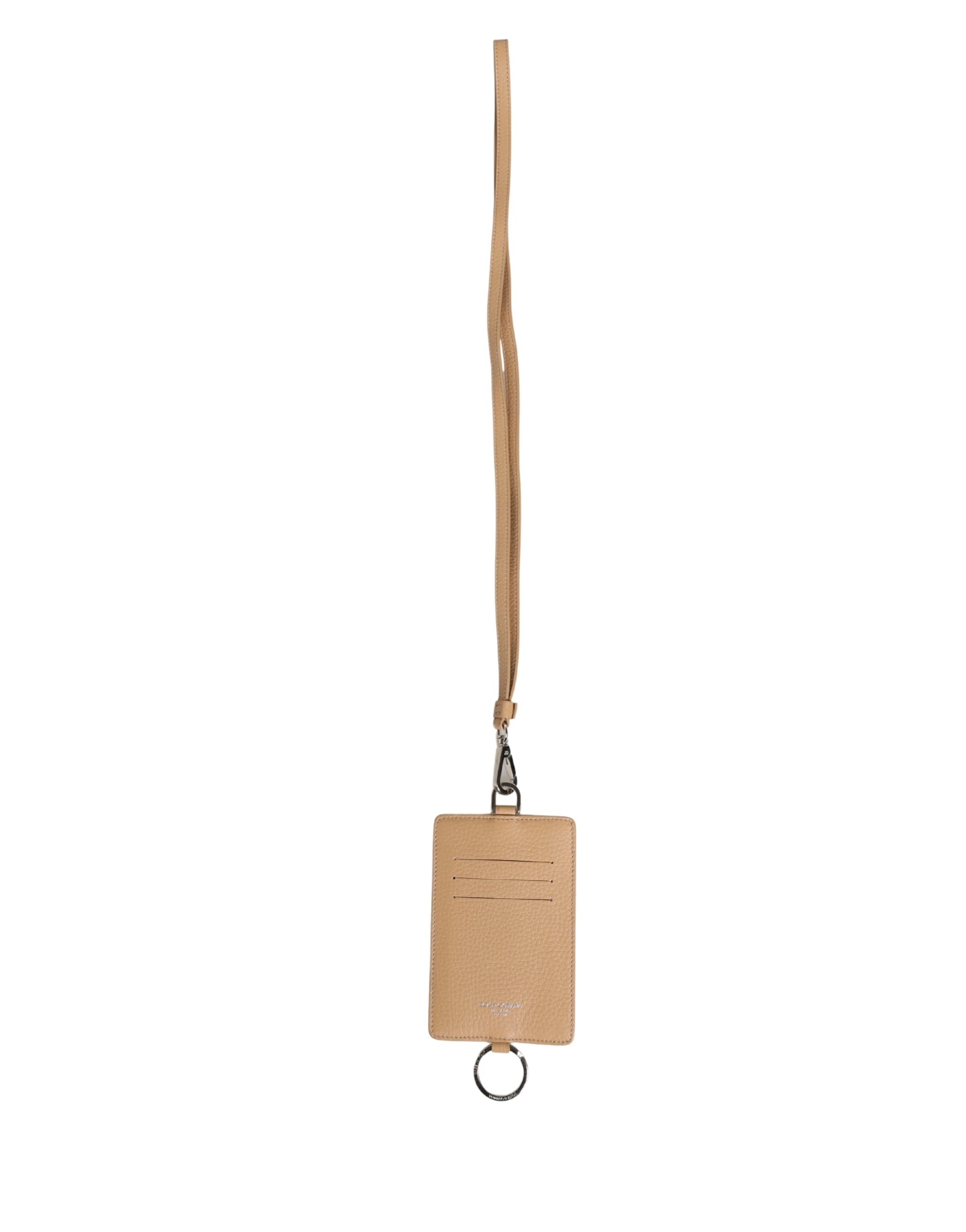 Dolce & Gabbana Beige Leather Logo Embossed Lanyard Card Holder Wallet - Image 2
