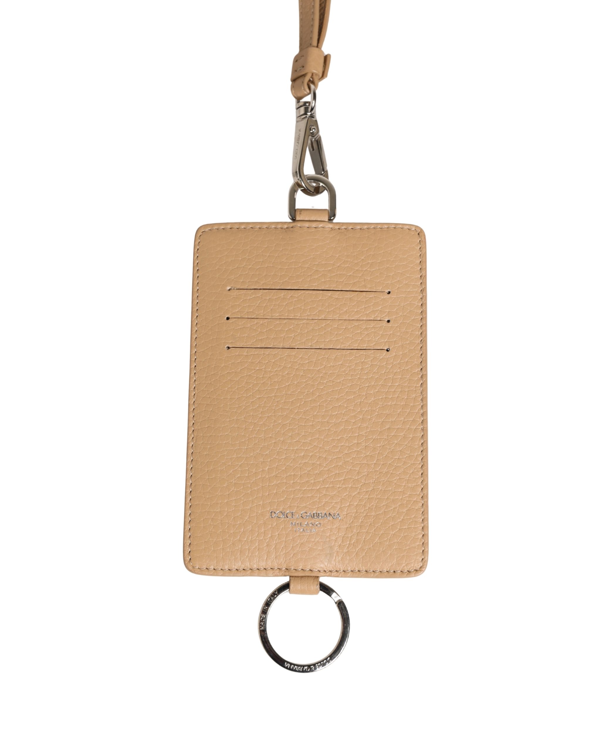 Dolce & Gabbana Beige Leather Logo Embossed Lanyard Card Holder Wallet - Image 3