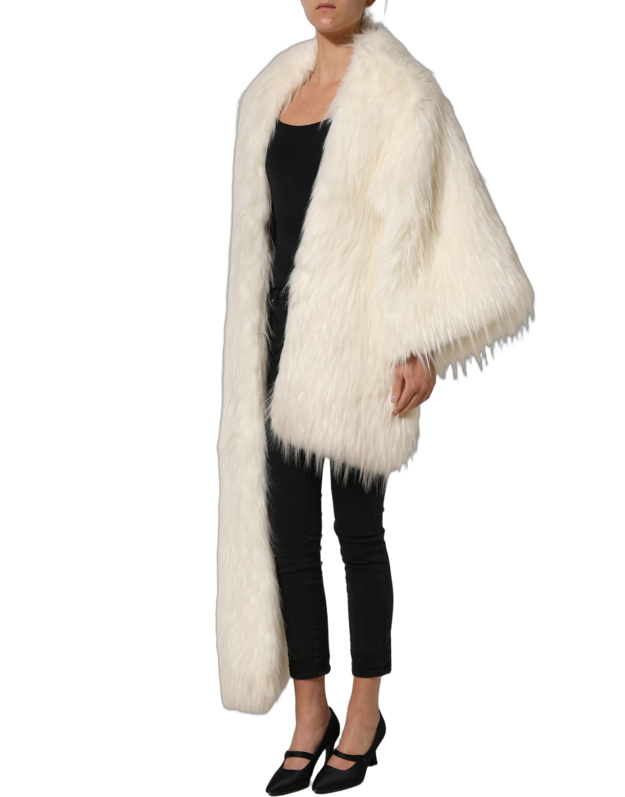 Dolce & Gabbana White Faux Fur Long Sleeves Coat Jacket - Image 4