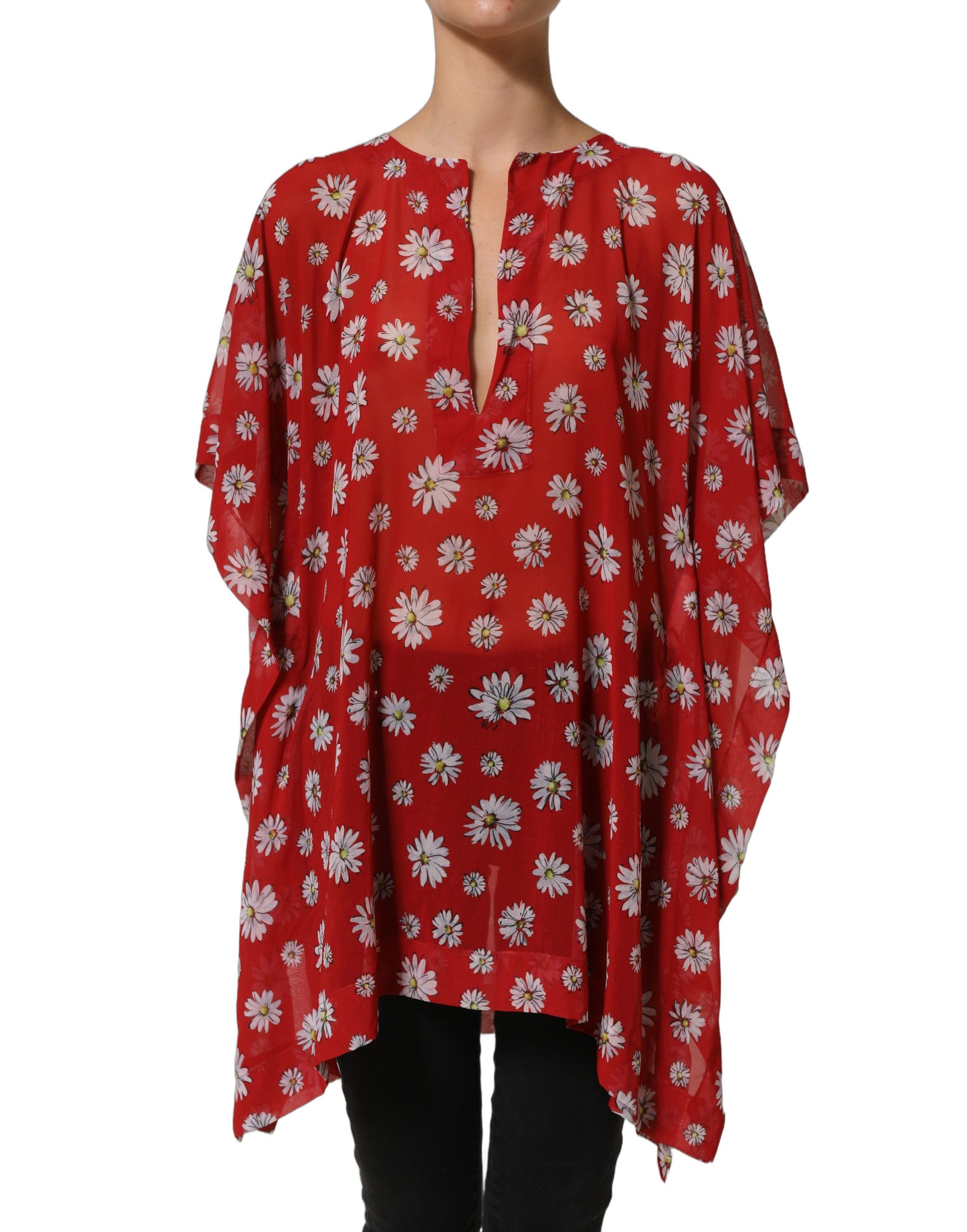 Dolce & Gabbana Red Floral V-neck Polyester Kaftan Blouse Top - Image 2