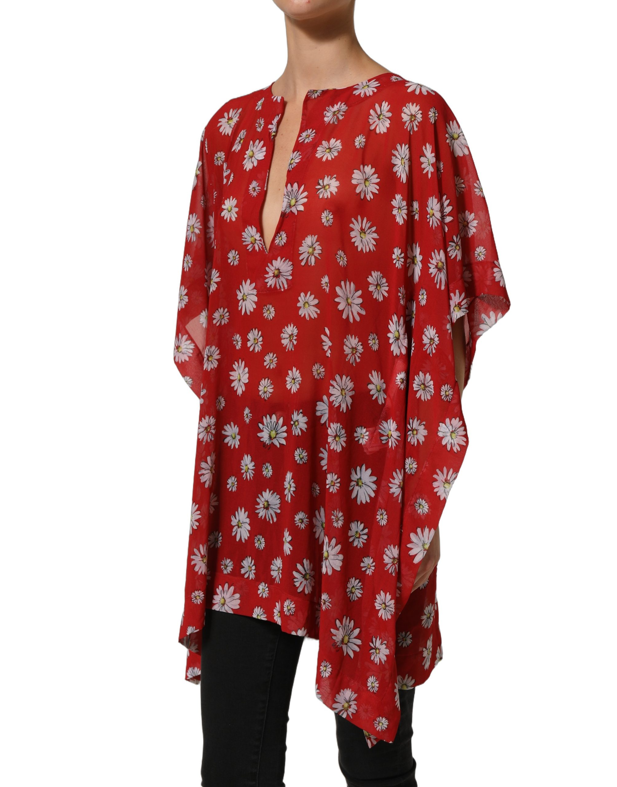 Dolce & Gabbana Red Floral V-neck Polyester Kaftan Blouse Top - Image 3