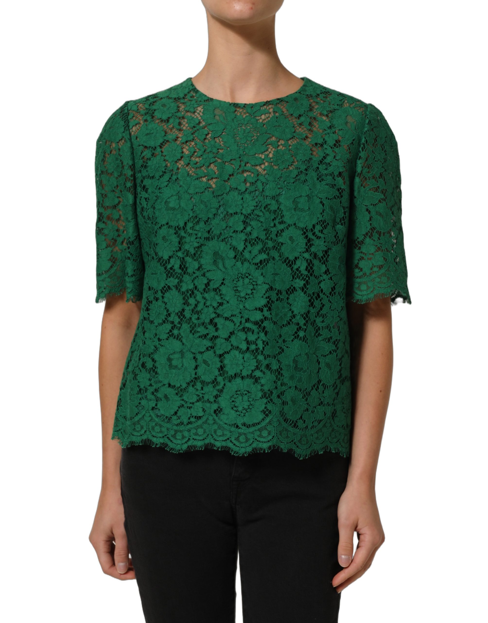 Dolce & Gabbana Green Floral Lace Round Neck Blouse Top - Image 3