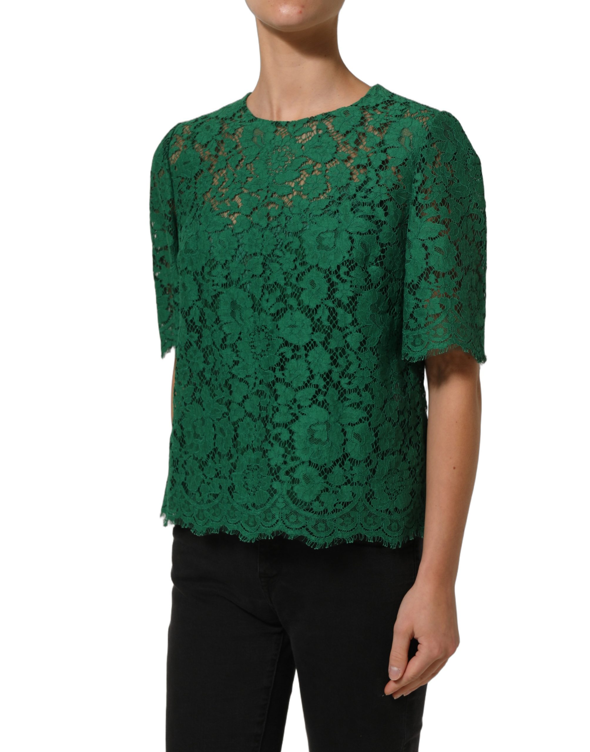 Dolce & Gabbana Green Floral Lace Round Neck Blouse Top - Image 4