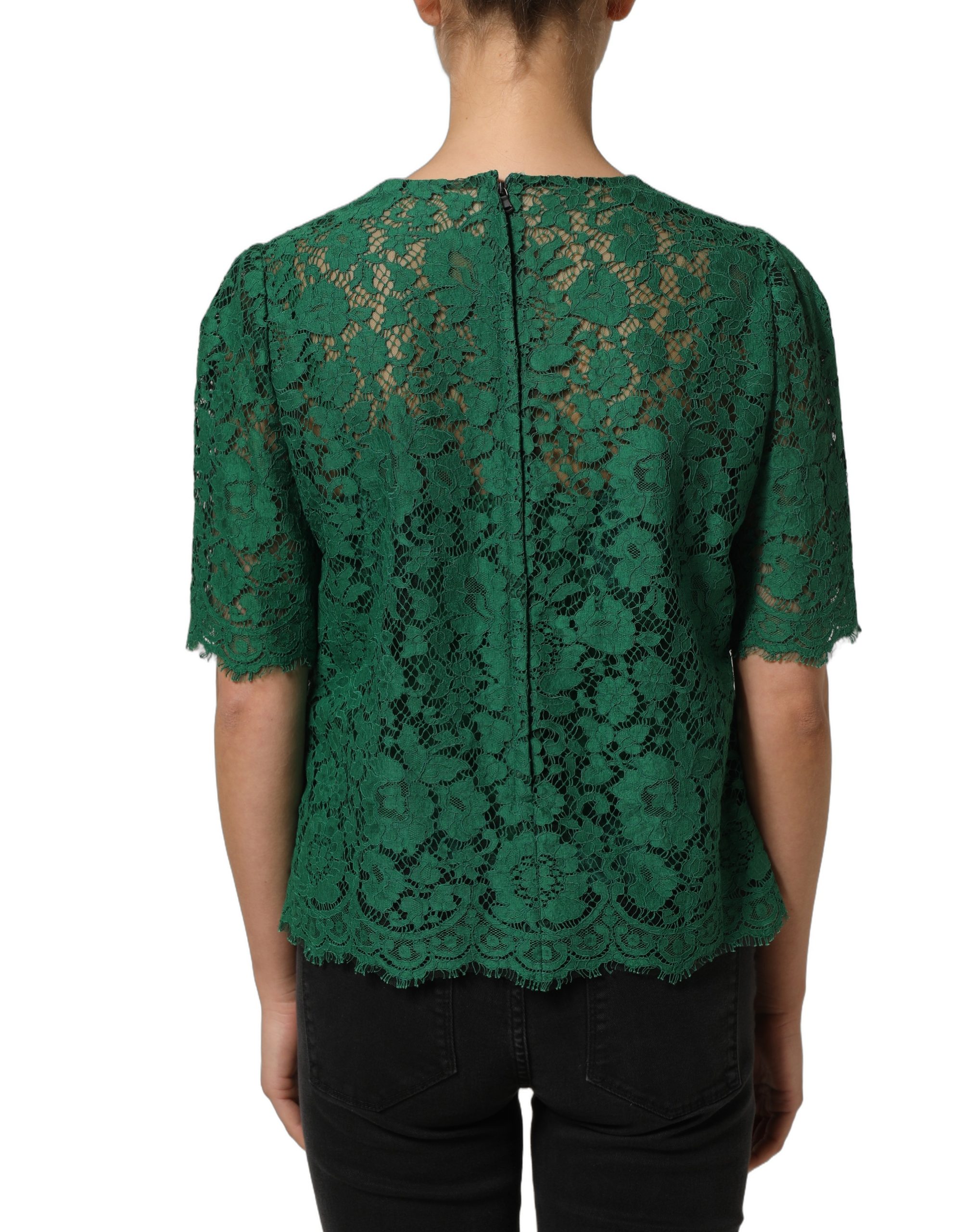 Dolce & Gabbana Green Floral Lace Round Neck Blouse Top - Image 6