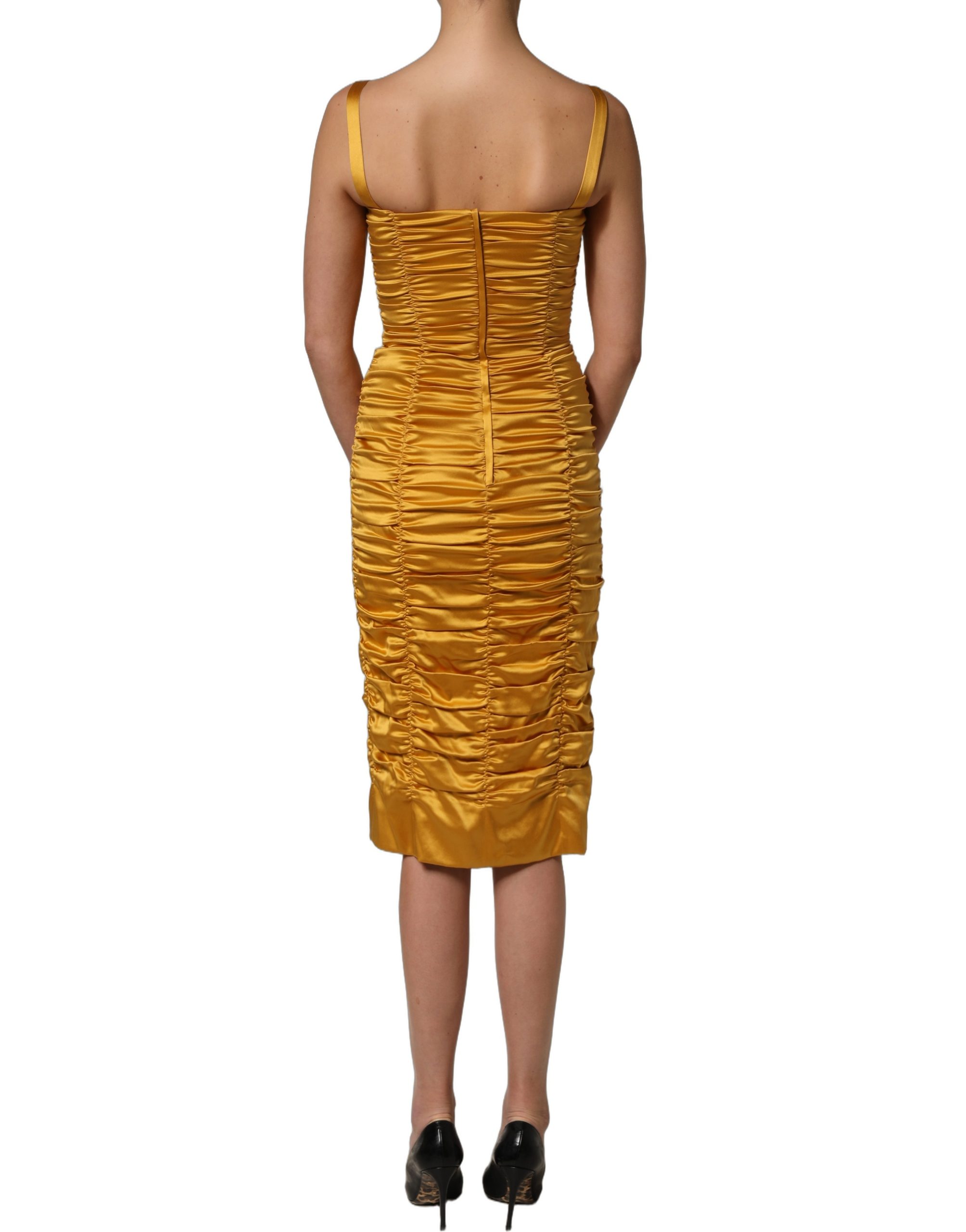 Dolce & Gabbana Gold Silk Ruched Bodycon Sheath Midi Dress - Image 6